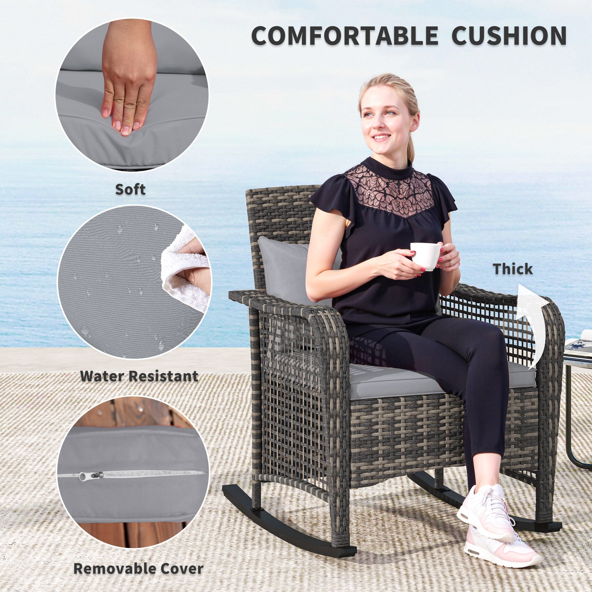 Outsunny Garden Rocking Chair, Outdoor Rattan Rocker Lounge Chair with Seat and Back Cushions, Patio Armchair Seat with All-weather Wicker, Steel Frame for Porch Balcony, Light Grey