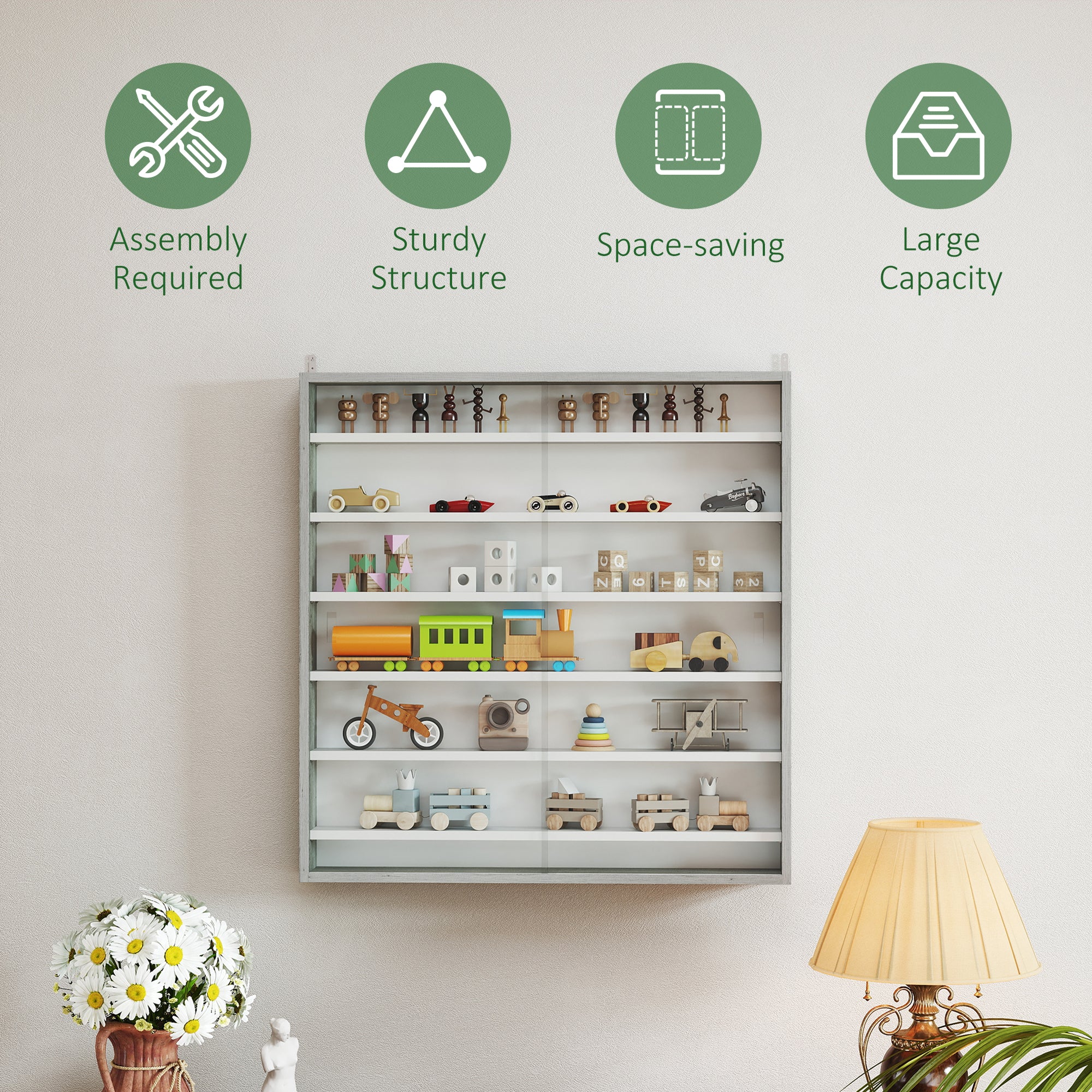 HOMCOM Six Shelf Display Cabinet, with Glass Doors - Graphite Wood Effect