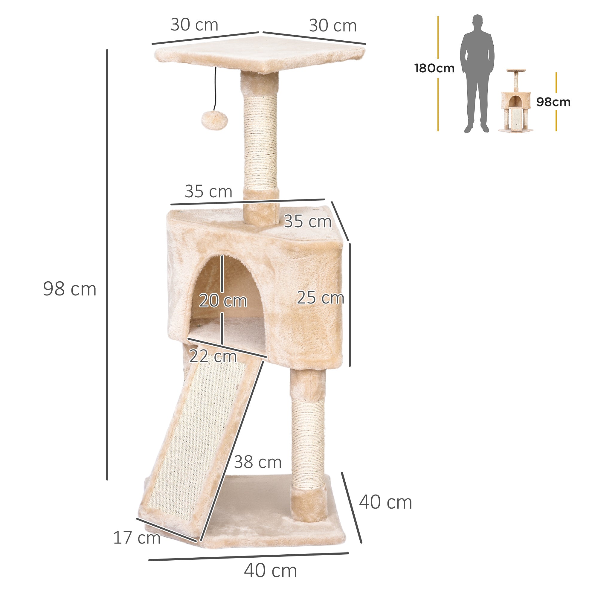 PawHut Corner Cat Tree for Indoor Cats, Kitten Tower with Scratching Post House Ladder Toy - Beige