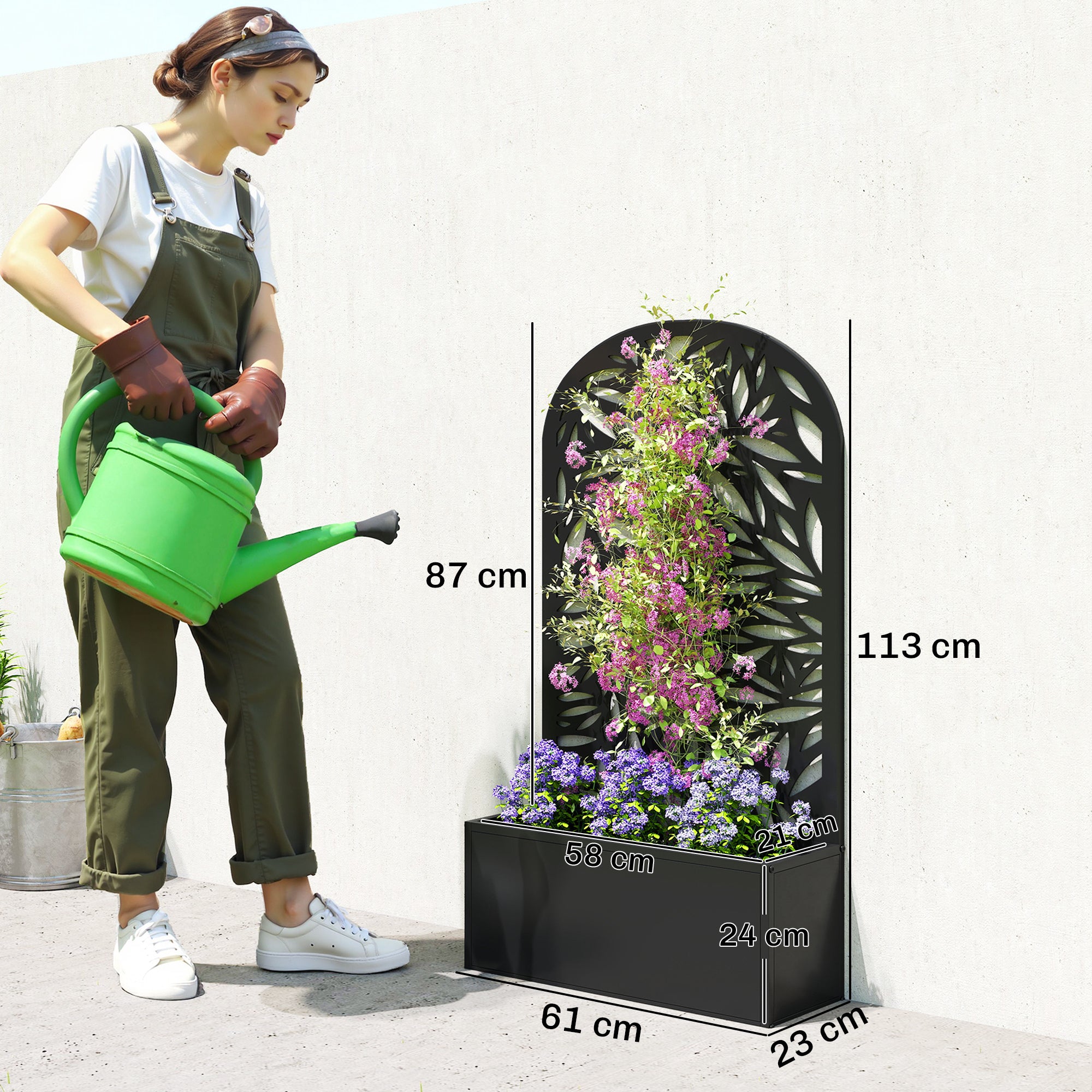 Outsunny Metal Garden Bed for Garden with Trellis, Wall Mounted or Freestanding Raised Planter with Curved Privacy Screen