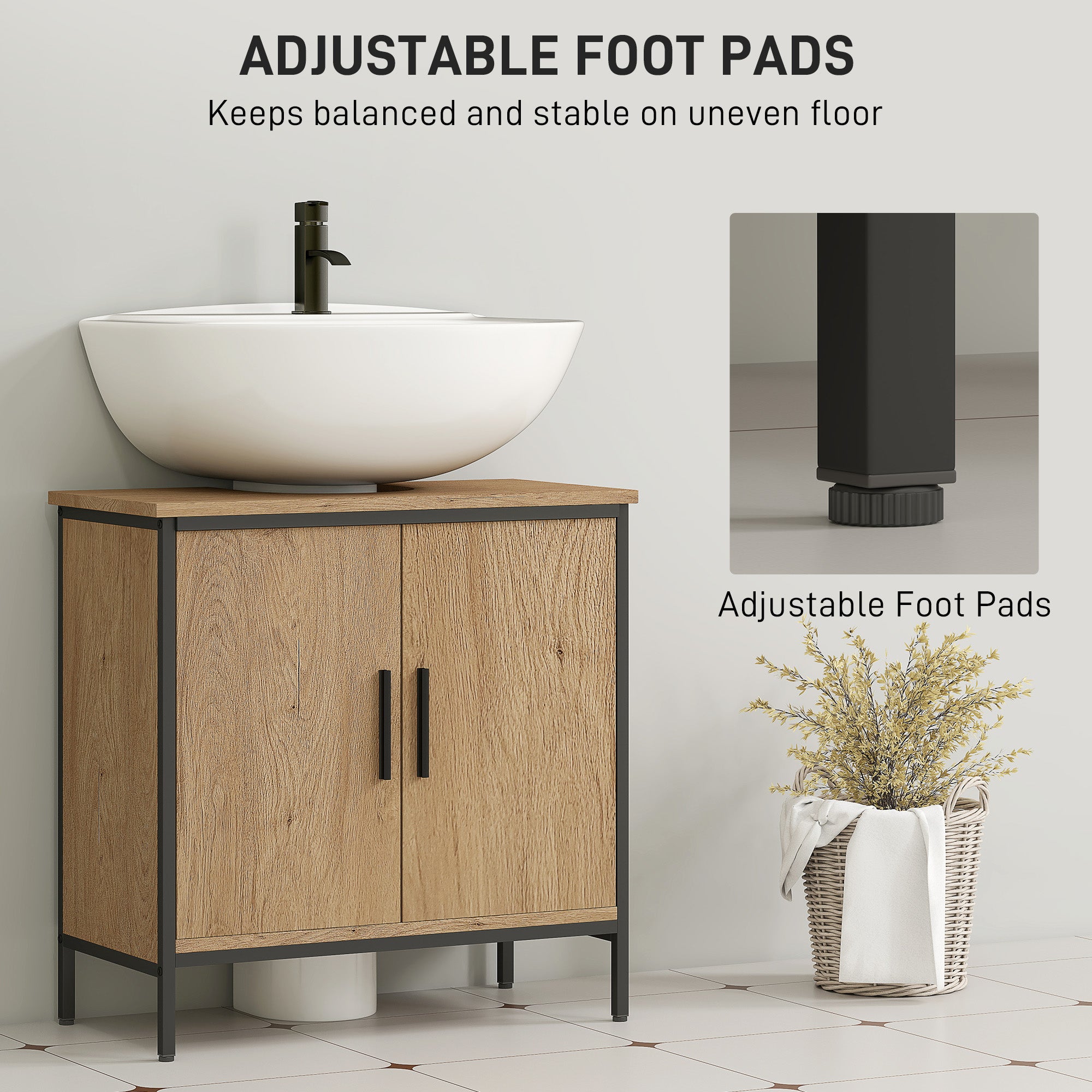 HOMCOM Bathroom Vanity Unit, Under Sink Storage Cabinet with 2 Doors, Adjustable Shelf for Basin without or with Pedestal, Oak