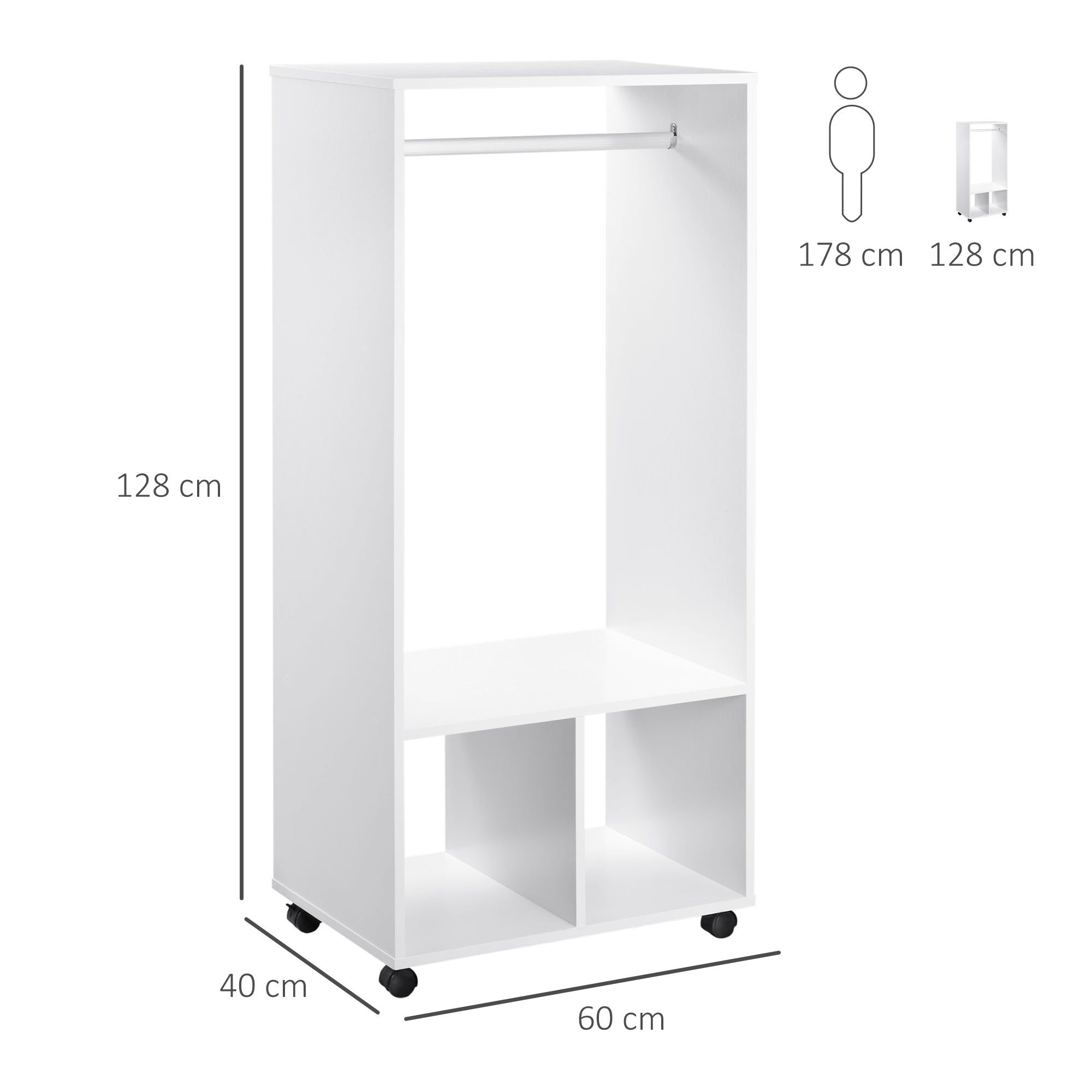 HOMCOM Open Wardrobe on Wheels, Bedroom Wardrobe with Clothes Hanging Rail, 2 Storage Shelves, Mobile Garment Rack for Cloakroom, Hallway, White