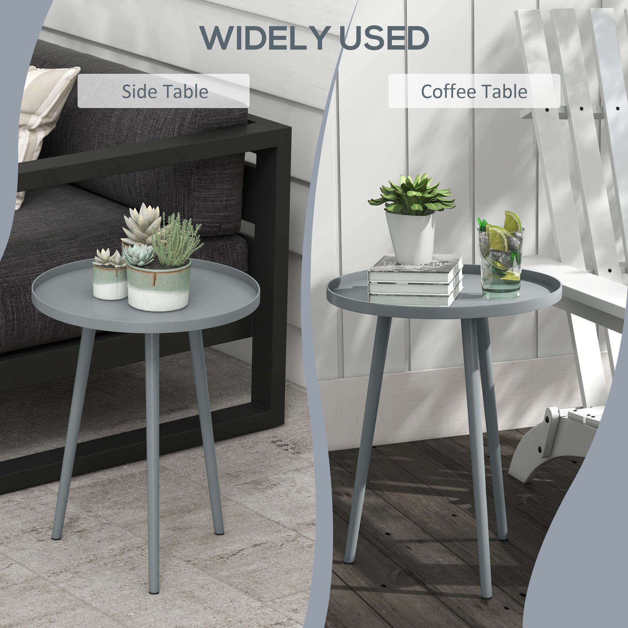 Outsunny Round Garden Coffee Table, Outdoor Side Table with Rounded Steel Edge, Ø40 x 50H cm, Grey