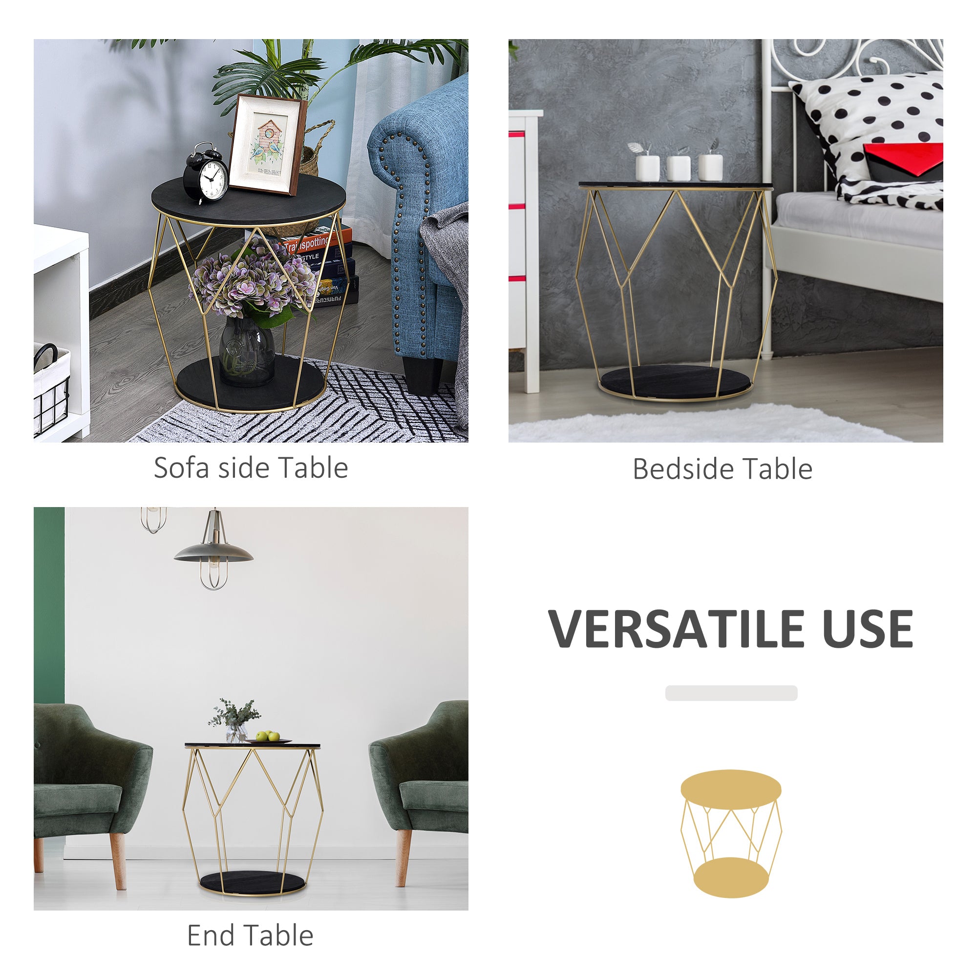 HOMCOM Round Coffee Table with Storage, Modern Sofa Side Table with Metal Frame, End Table for Bedroom, Living Room, Black and Gold, 45 x 45 x 48 cm