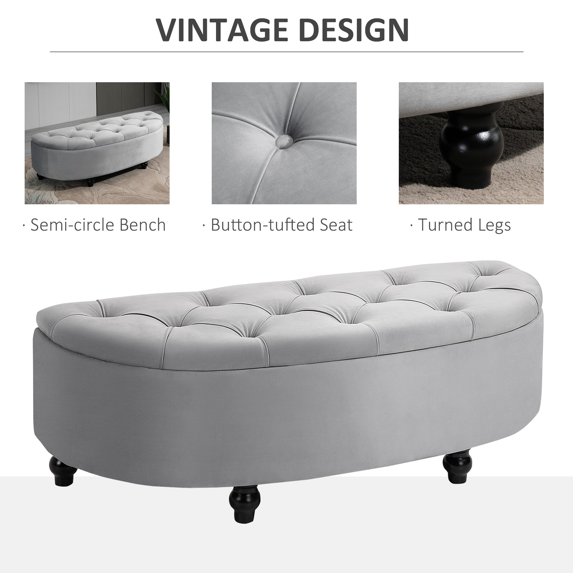 HOMCOM Semi-Circle Ottoman Storage Bench, Bed End Bench, Tufted Upholstered Window Seat Footrest Stool with Rubberwood Legs for Bedroom & Entryway, 120 x 46 x 42 cm, Light Grey