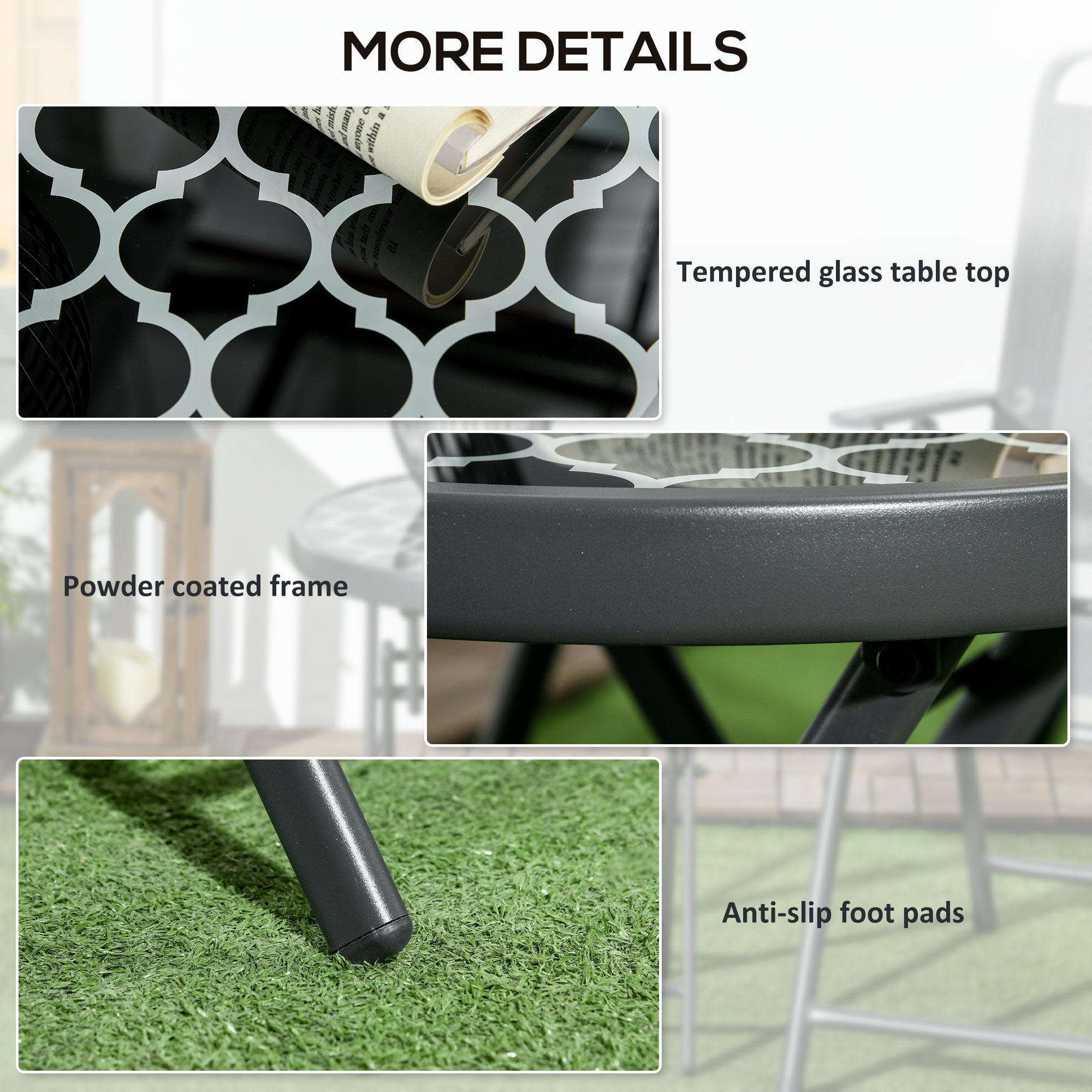 Outsunny \'ce\'a645cm Garden Side Table, Outdoor Round Folding Patio Table with Imitation Marble Glass Top, Small Coffee Table, Black and White