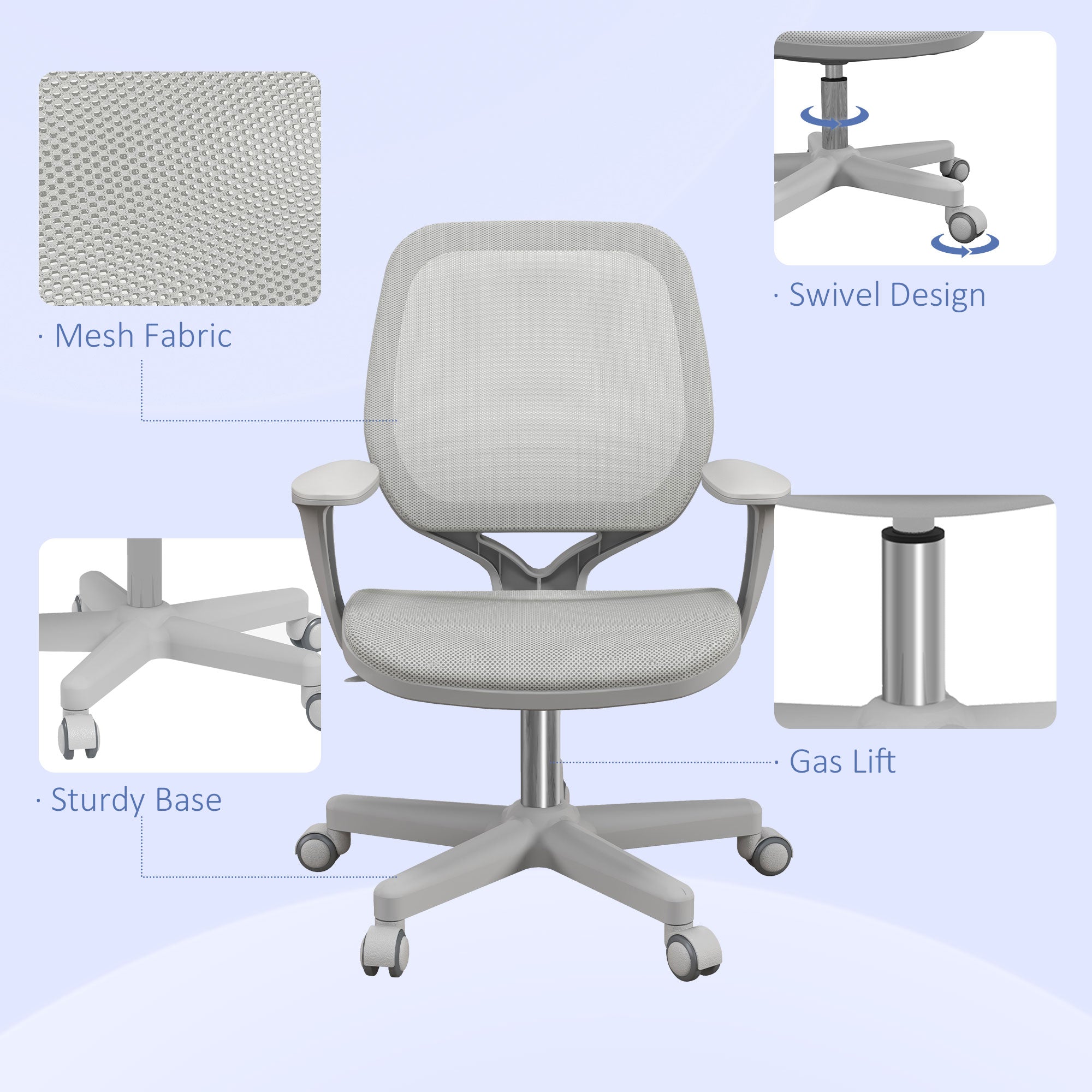 Vinsetto Office Chair, Breathable Mesh Swivel Desk Chair with Adjustable Height and 360° Swivel Security Wheels for Home Office, Study, Grey