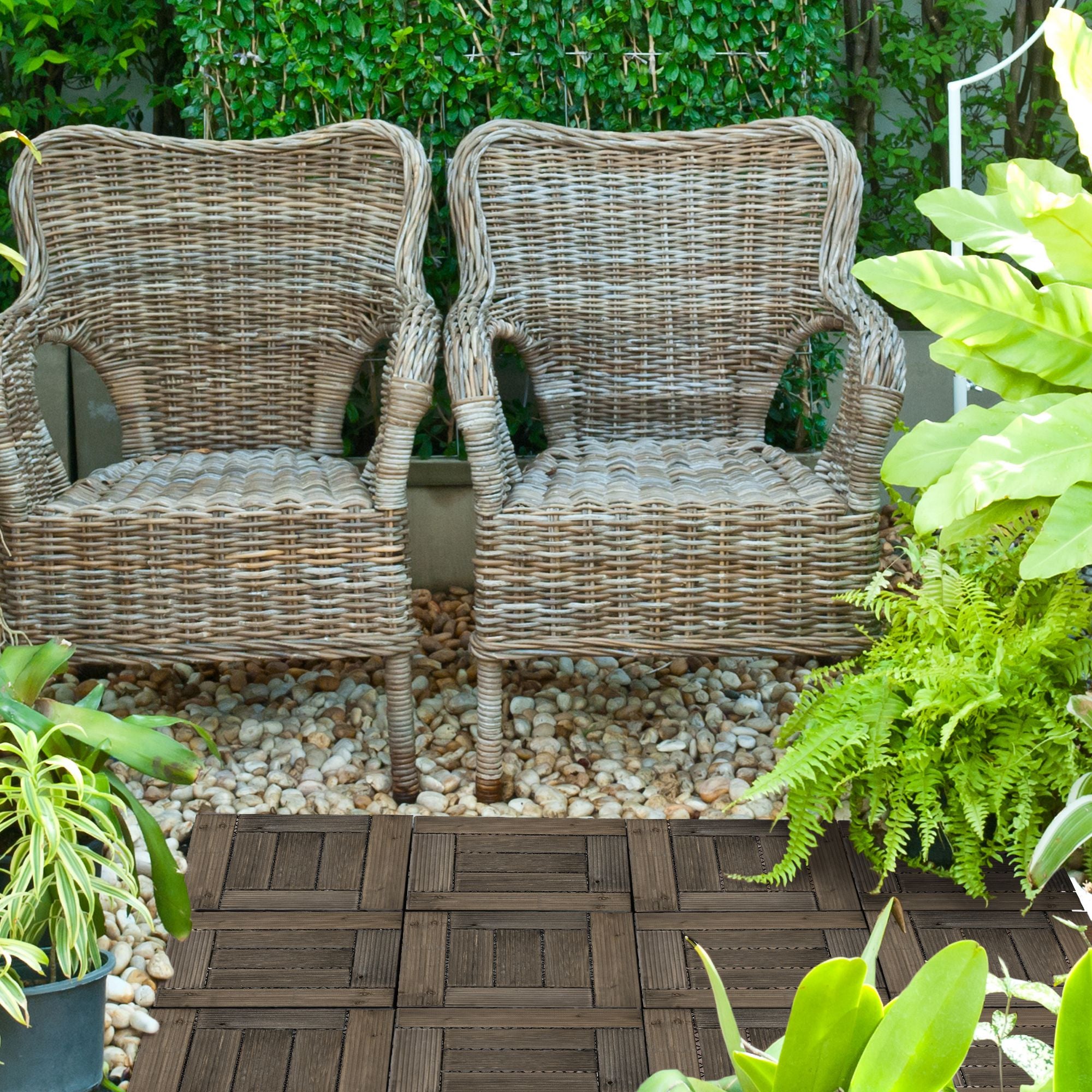Outsunny 27 Pcs Wooden Interlocking Decking Tiles, 30 x 30 cm Outdoor Flooring Tiles, 2.5\'e3\'8e\'a1 per Pack, for Patio, Balcony, Terrace, Hot Tub, Charcoal Grey