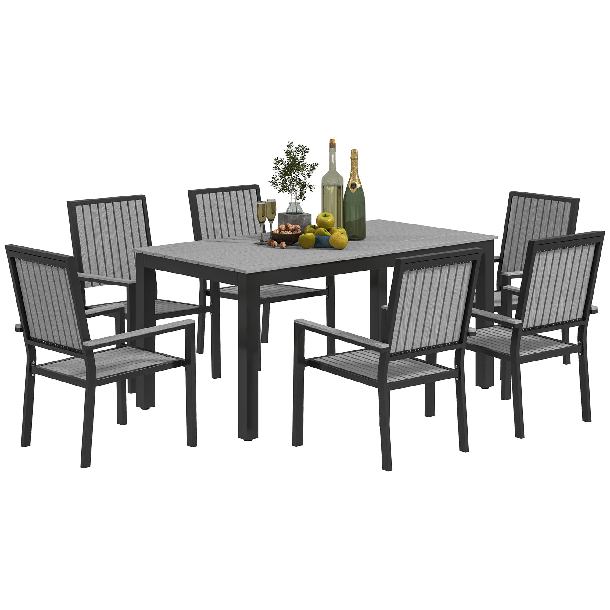 Outsunny 6 Seater Garden Dining Set with Stackable Chairs, Aluminium Frame, Rectangular Plastic Top, Garden Furniture Set, Outdoor Dining Table and Chairs for Patio, Balcony, Poolside, Grey