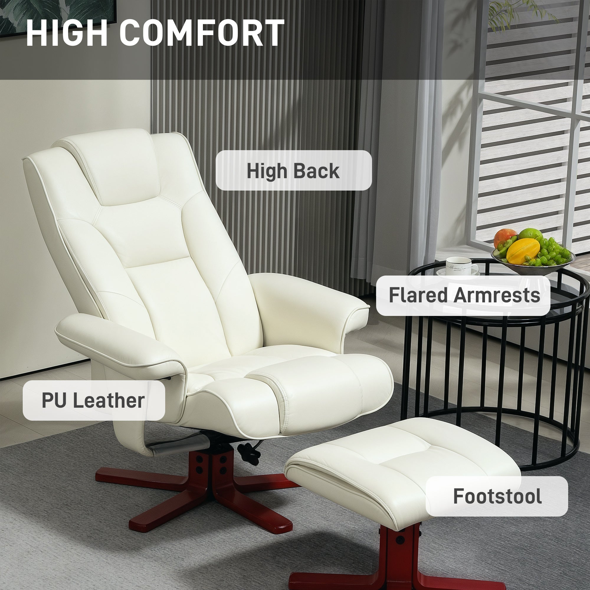 HOMCOM Faux Leather Manual Recliner and Footstool Set - Cream White