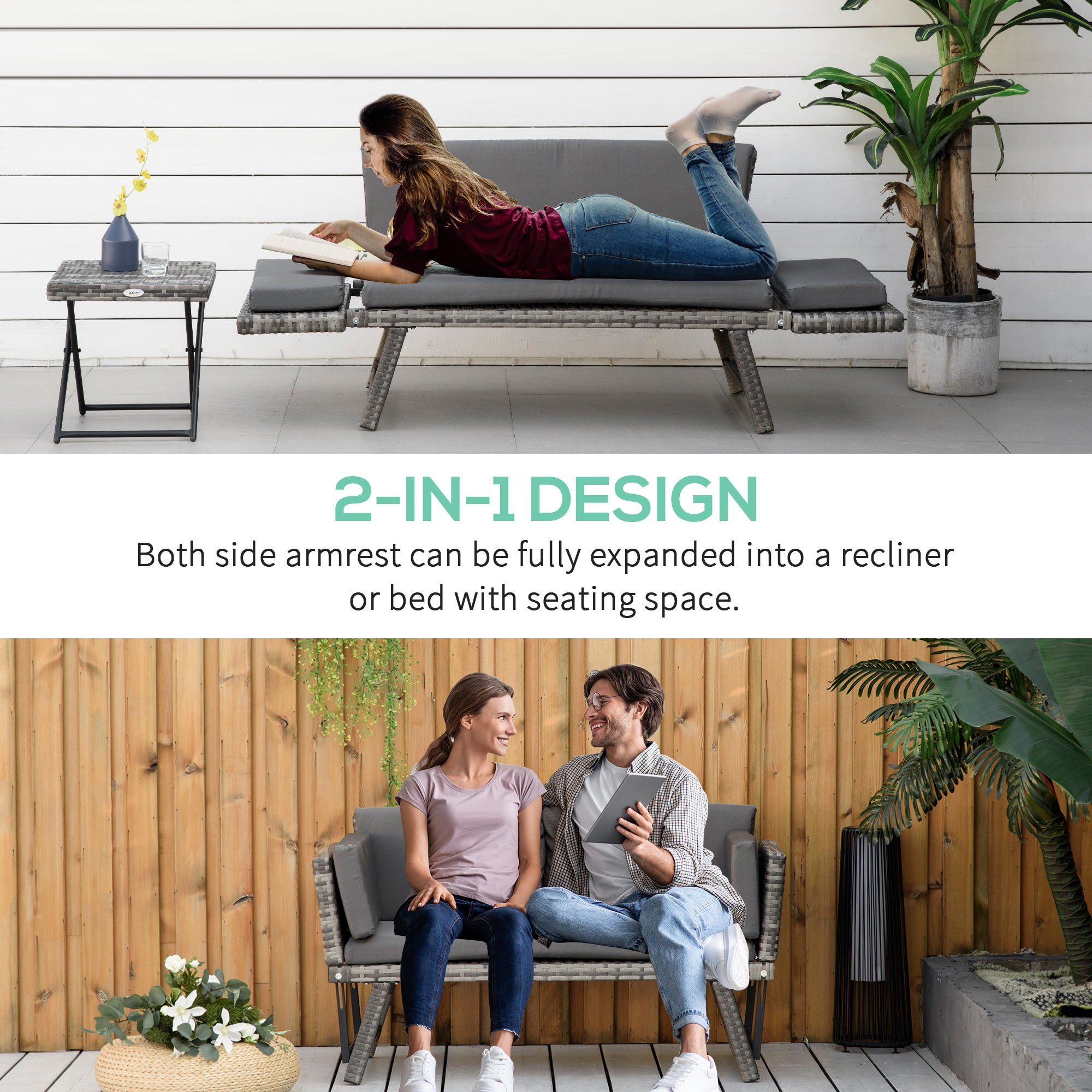 Outsunny 2 Seater Rattan Sofa with Cushions, 2-in-1 PE Rattan Daybed Sofa with Left Up or Down Armrests, Garden Chaise Lounger Loveseat for Outdoor, Patio, Mixed Grey