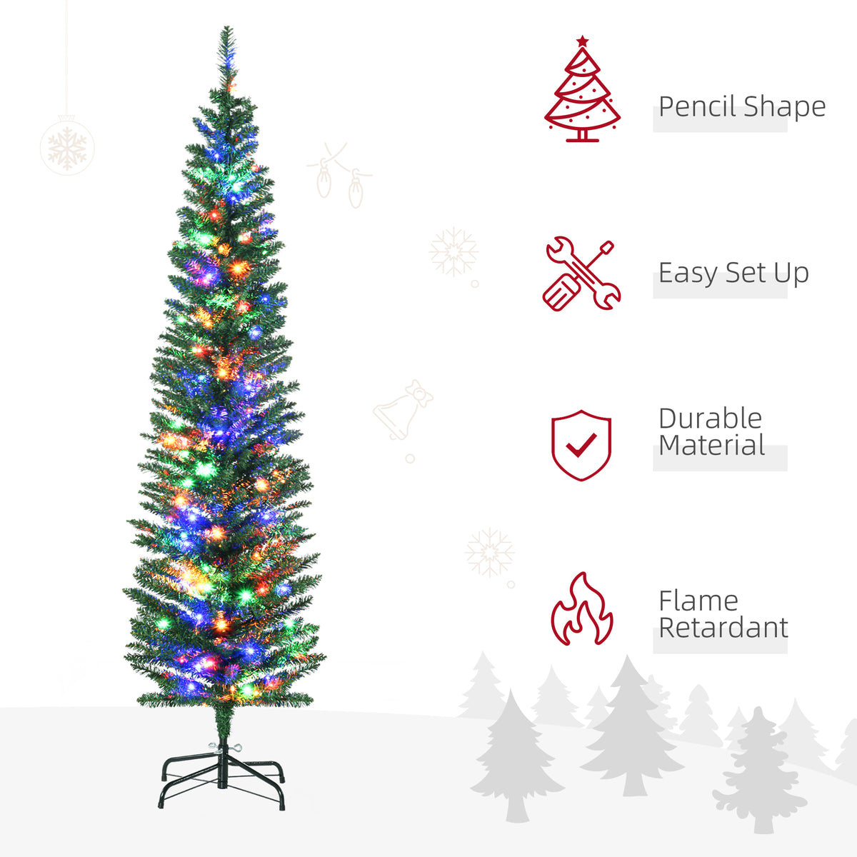 HOMCOM 6' Artificial Prelit Christmas Trees Holiday D\'c3\'a9cor with Colourful LED Lights, Pencil Shape, Steel Base