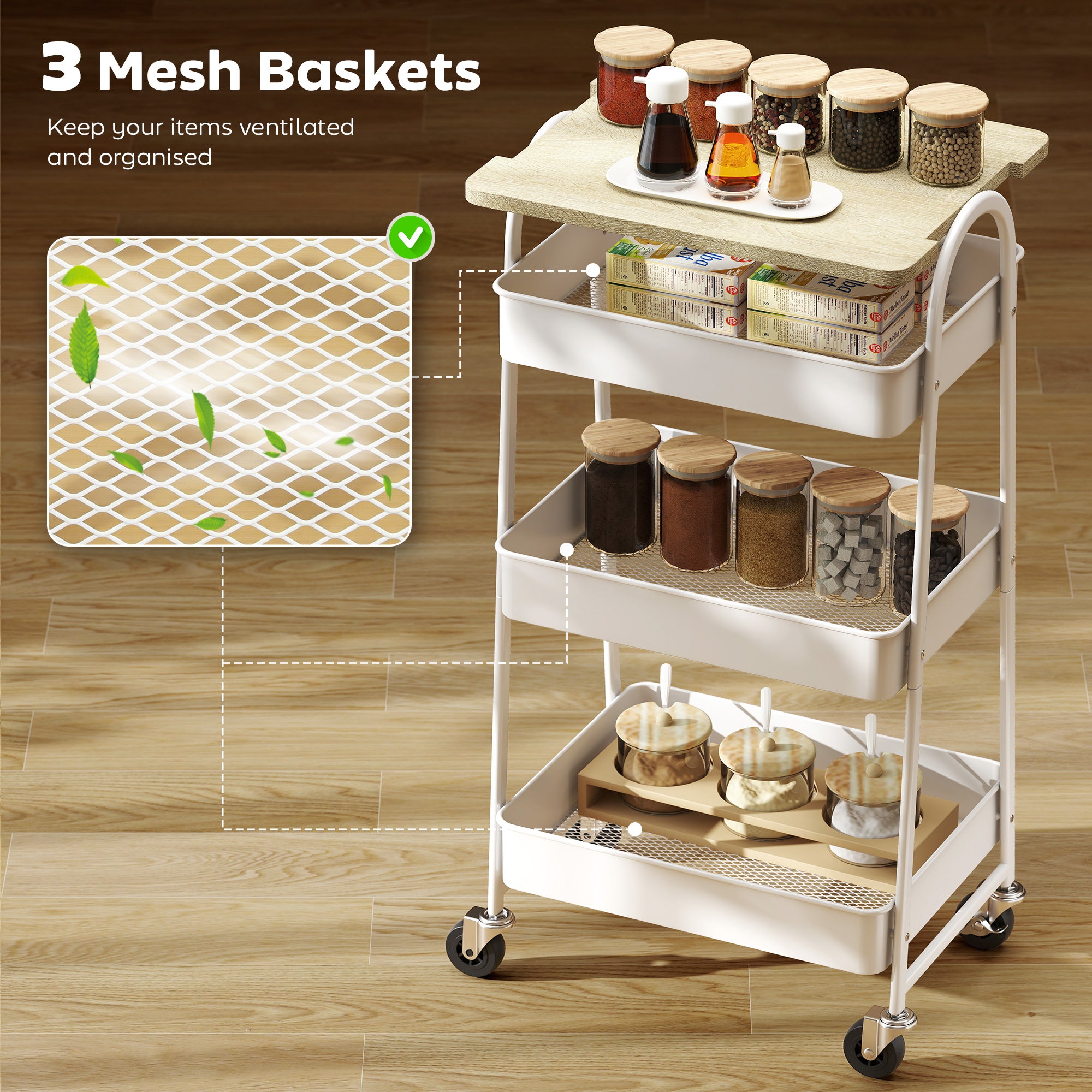 HOMCOM 3-Tier Kitchen Storage Trolley with on Wheels Cover Top Board - White and Oak