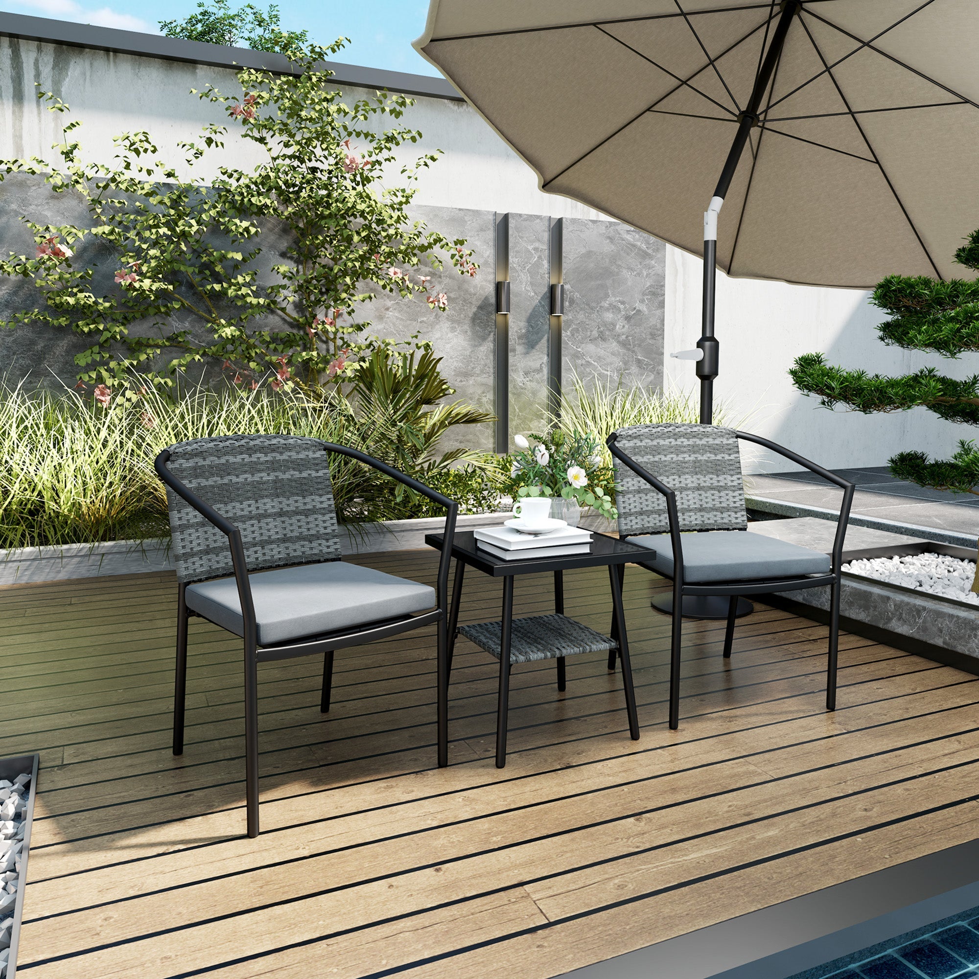 Outsunny 3 Pieces Rattan Bistro Set with Cushions, Wicker Garden Furniture Set, Glass Top Coffee Table and Chairs for Outdoor Patio, Balcony, Terrace and Conservatory, Grey