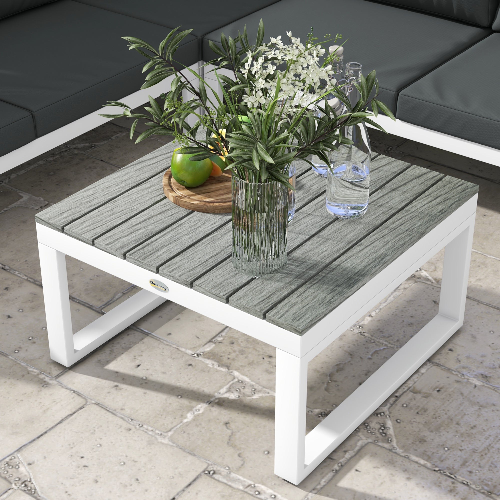 Outsunny 4 Pieces Patio Garden Set with 5-Level Recline Corner Sofa, Outdoor Garden Lounge Sectional Conversation Sofa Set with Cushions, Wood Grain Plastic Table, White  Frame Grey Cushion