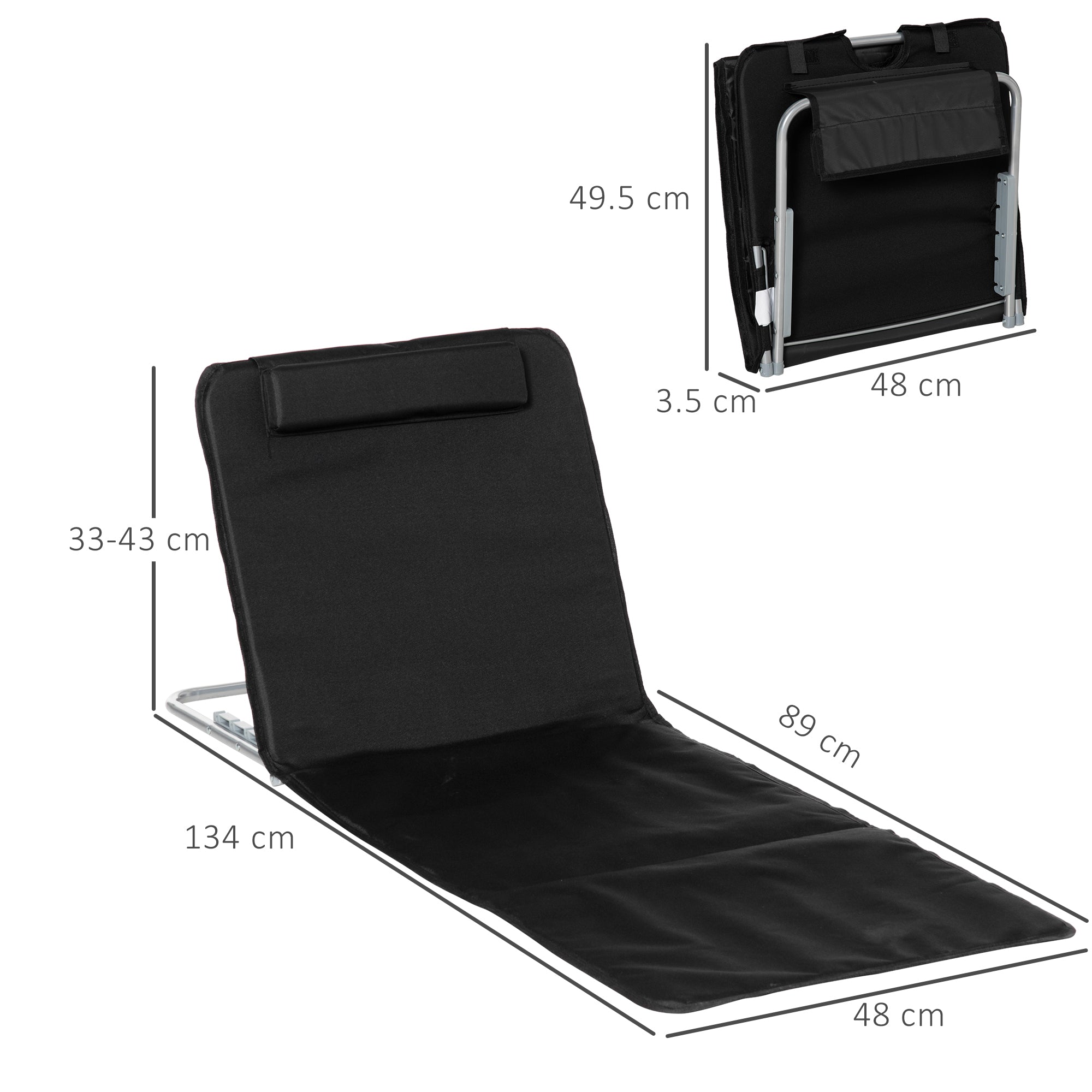 Outsunny Set of 2 Foldable Garden Beach Chair Mat Lightweight Outdoor Sun Lounger Seats Adjustable Back Metal Frame PE Fabric Head Pillow w/ Carry Bag, Black