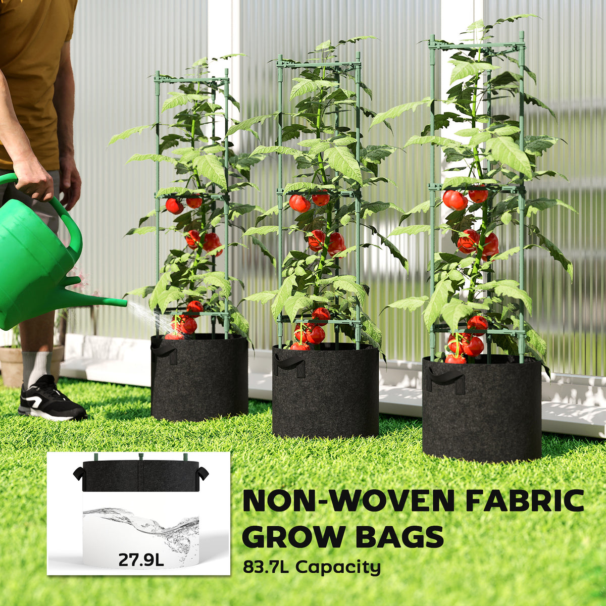 Outsunny 3 Packs Tomato Cages with 83.7L Grow Bags, 120cm Adjutstable Triangle Plant Stakes Support Trellis with Planter Bags