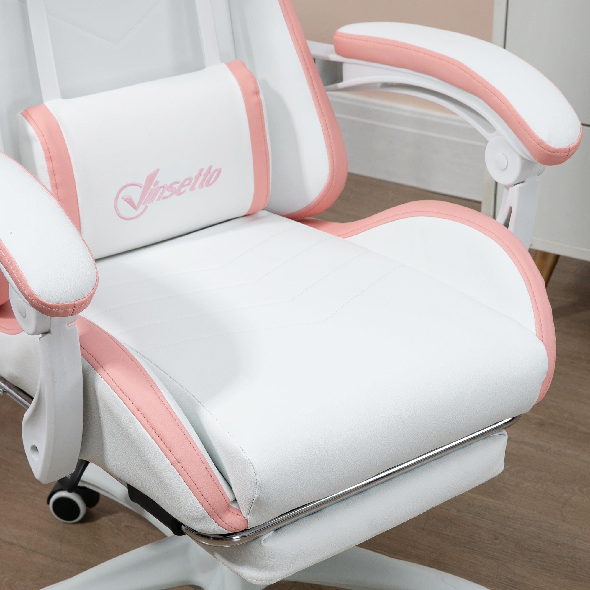 Vinsetto Computer Gaming Chair, PU Leather Desk Chair with Footrest, Swivel Task Chair with 135\'c2\'b0 Reclining Back and Lumbar Support, PC Chair for Adults, White and Pink