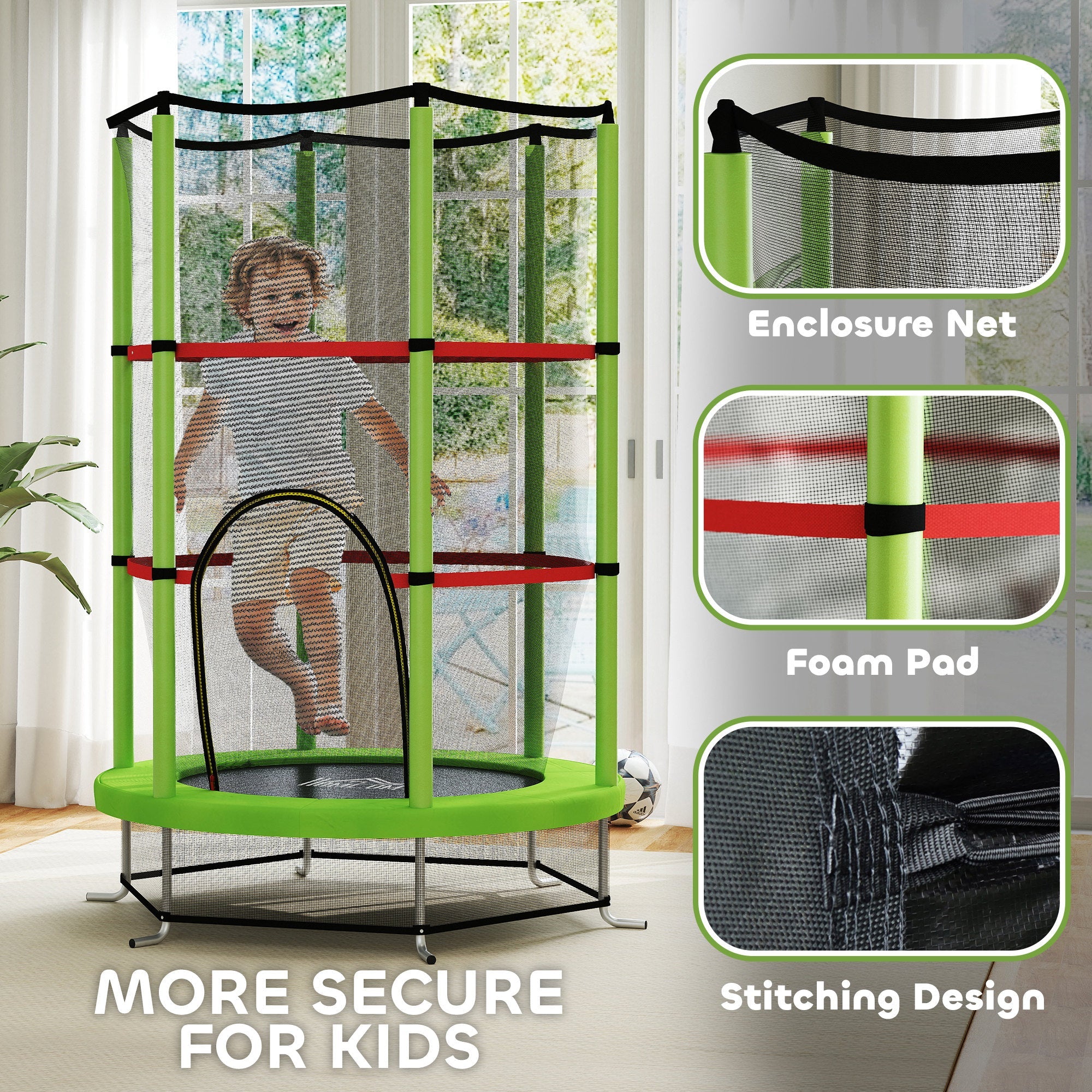 HOMCOM Kids Trampoline, with Enclosure Net, Steel Frame, for Ages 3-6 Years - Green