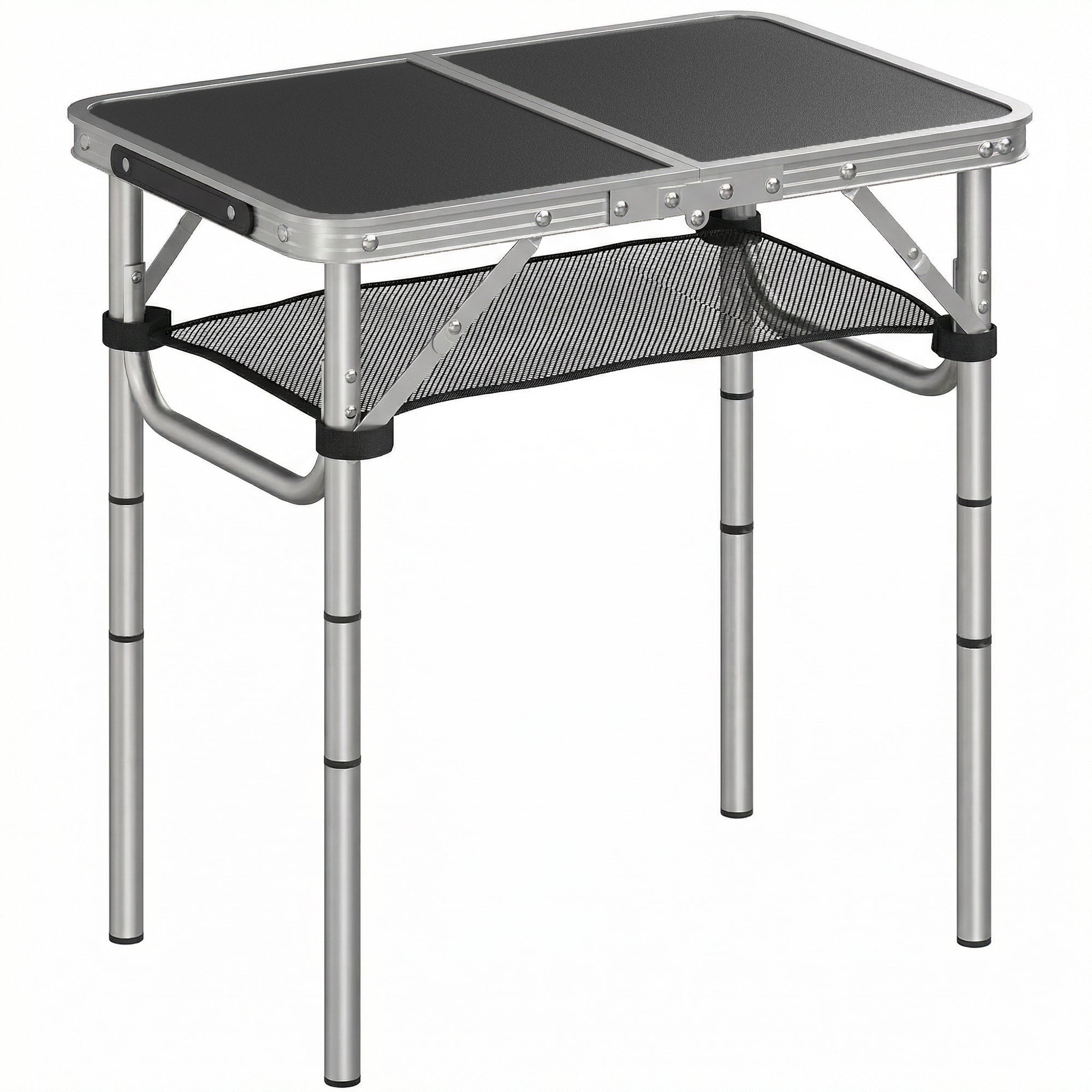 Outsunny 2ft Folding Camping Table, Picnic Table with Mesh Storage Layer, 4 Adjustable Heights and Carrying Handle, Black