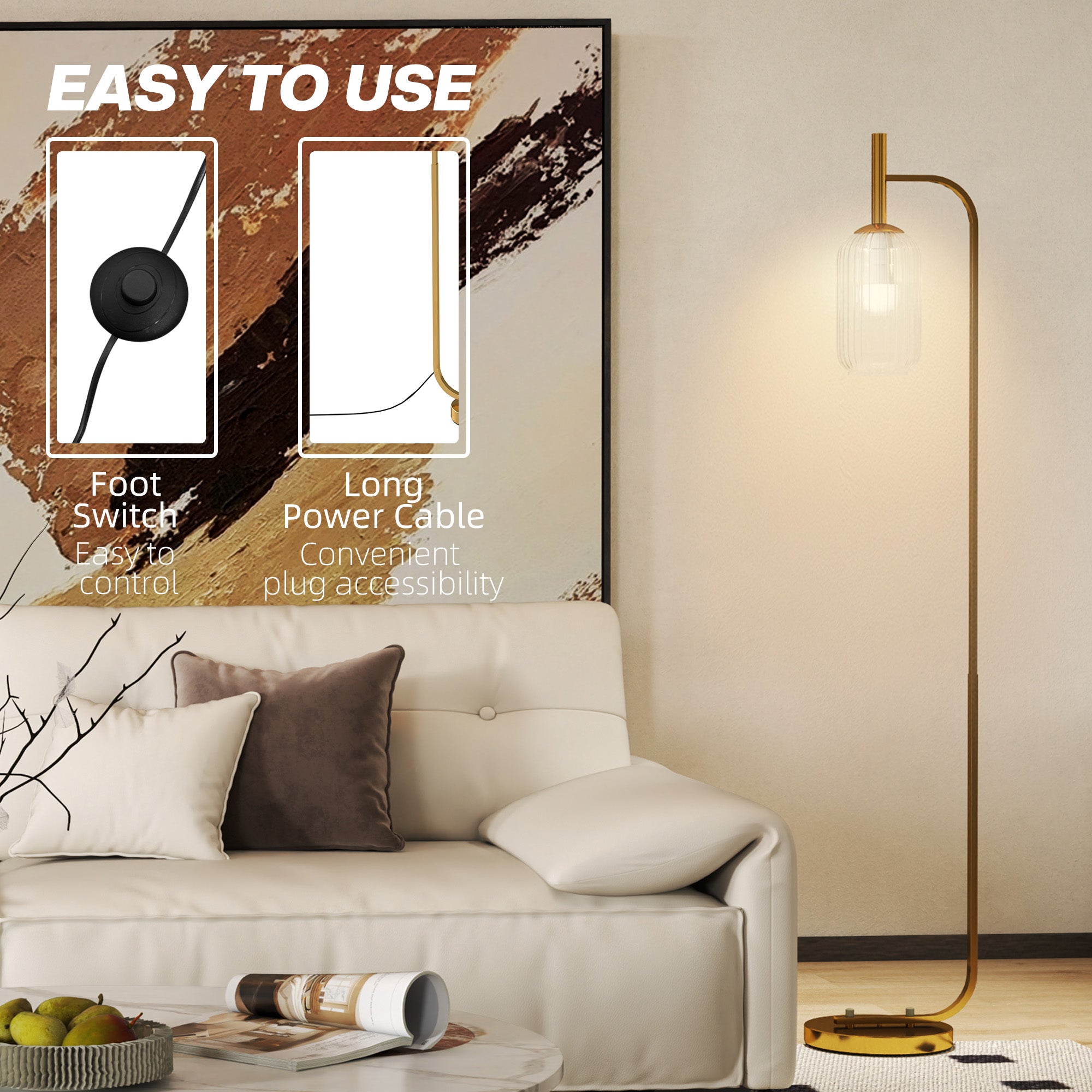 HOMCOM LED Floor Lamp for Living Room with Glass Lampshade, Modern Standing Lamp with Foot Switch, Adjustable Brightness, 2700K for Bedroom, Gold Tone