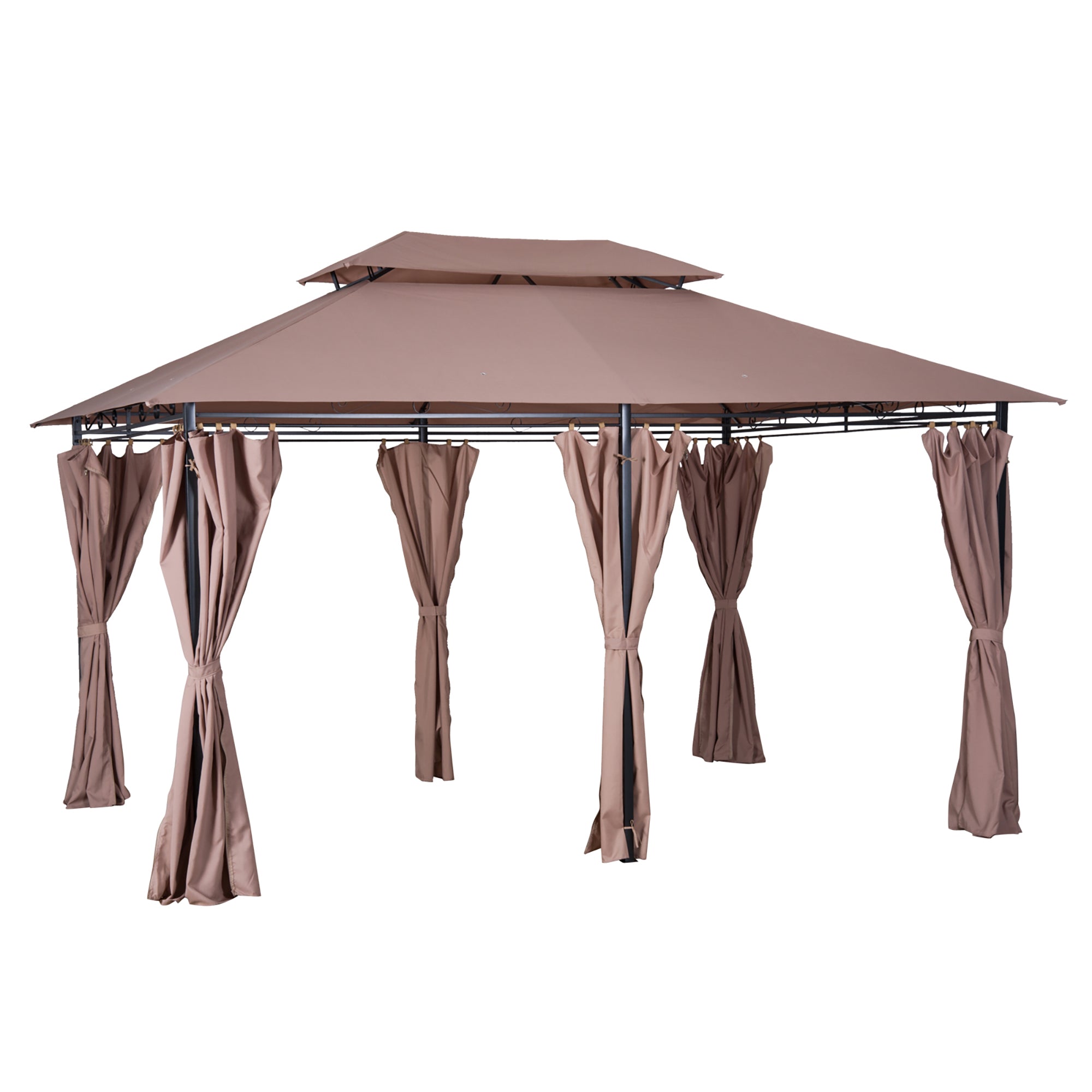 Outsunny 4m x 3(m)Garden Gazebo, Double Roof Outdoor Gazebo Canopy Shelter with Curtains, Solid Steel Frame for Patio, Garden, Brown