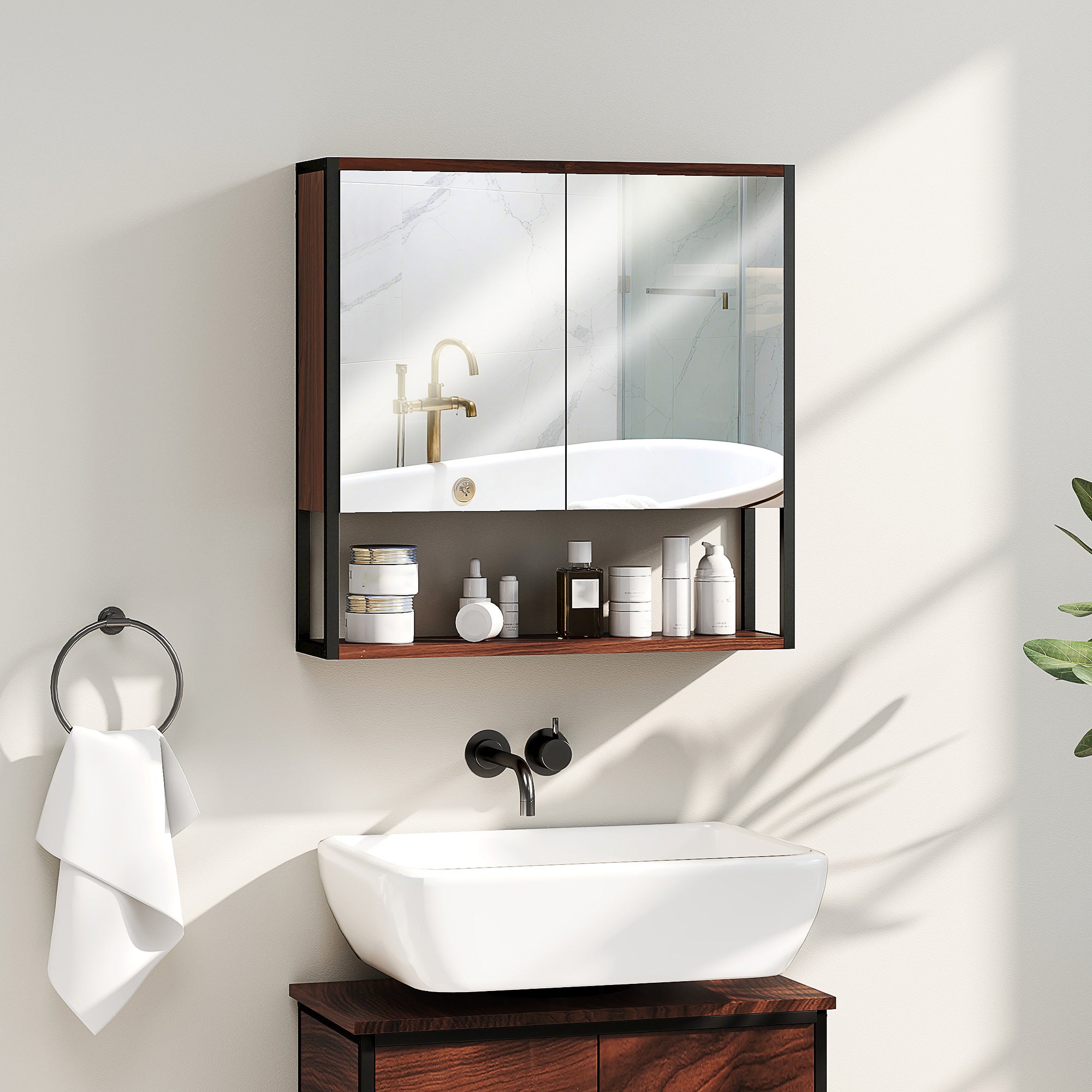 HOMCOM Bathroom Mirror Cabinet with Soft-Close Doors and Adjustable Shelf - Natural Wood Finish