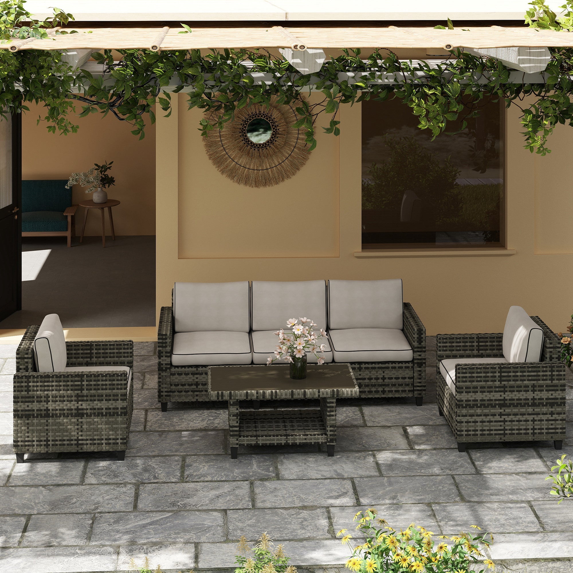 Outsunny 6 Pieces Rattan Garden Furniture Set, 5 Seater Wicker Outdoor Furniture Set with 2 Armchairs, Steel Frame Coffee Table and Cushions for Balcony, Porch, Light Grey