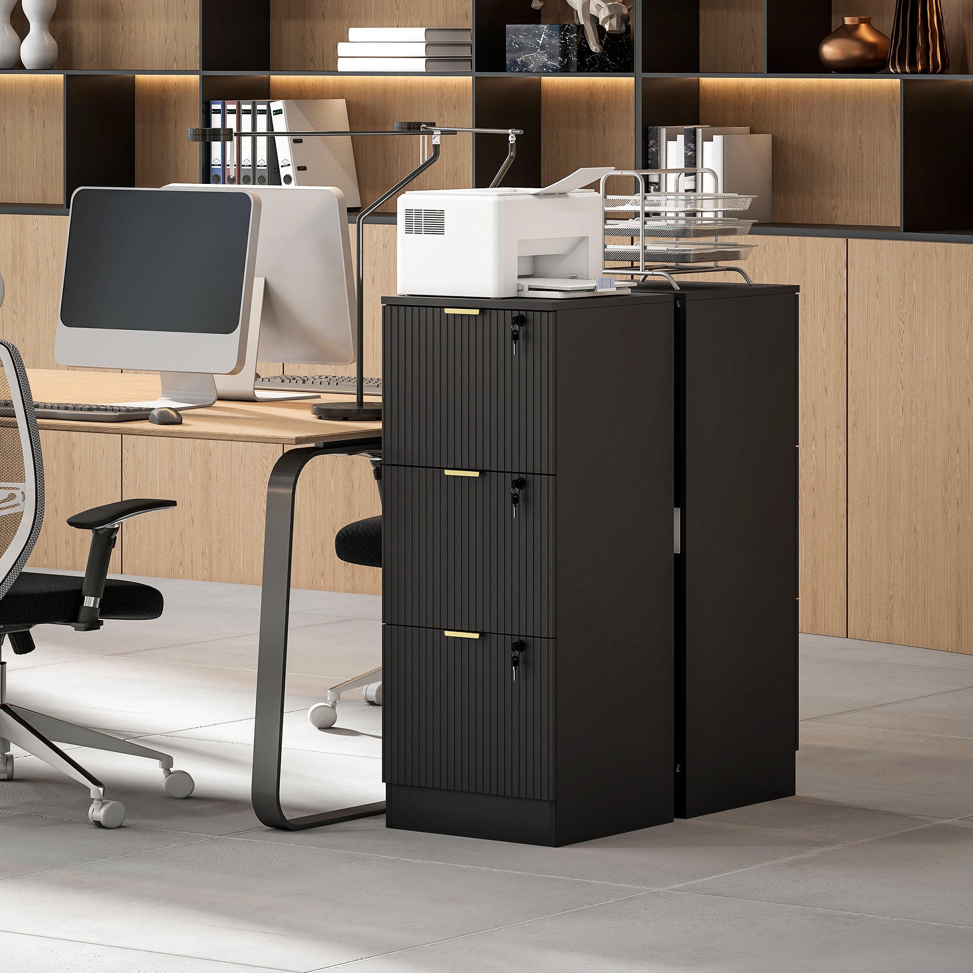 HOMCOM Filing Cabinet, Fluted Vertical File Cabinet with 3 Lockable Drawers and Hanging Rails, Black