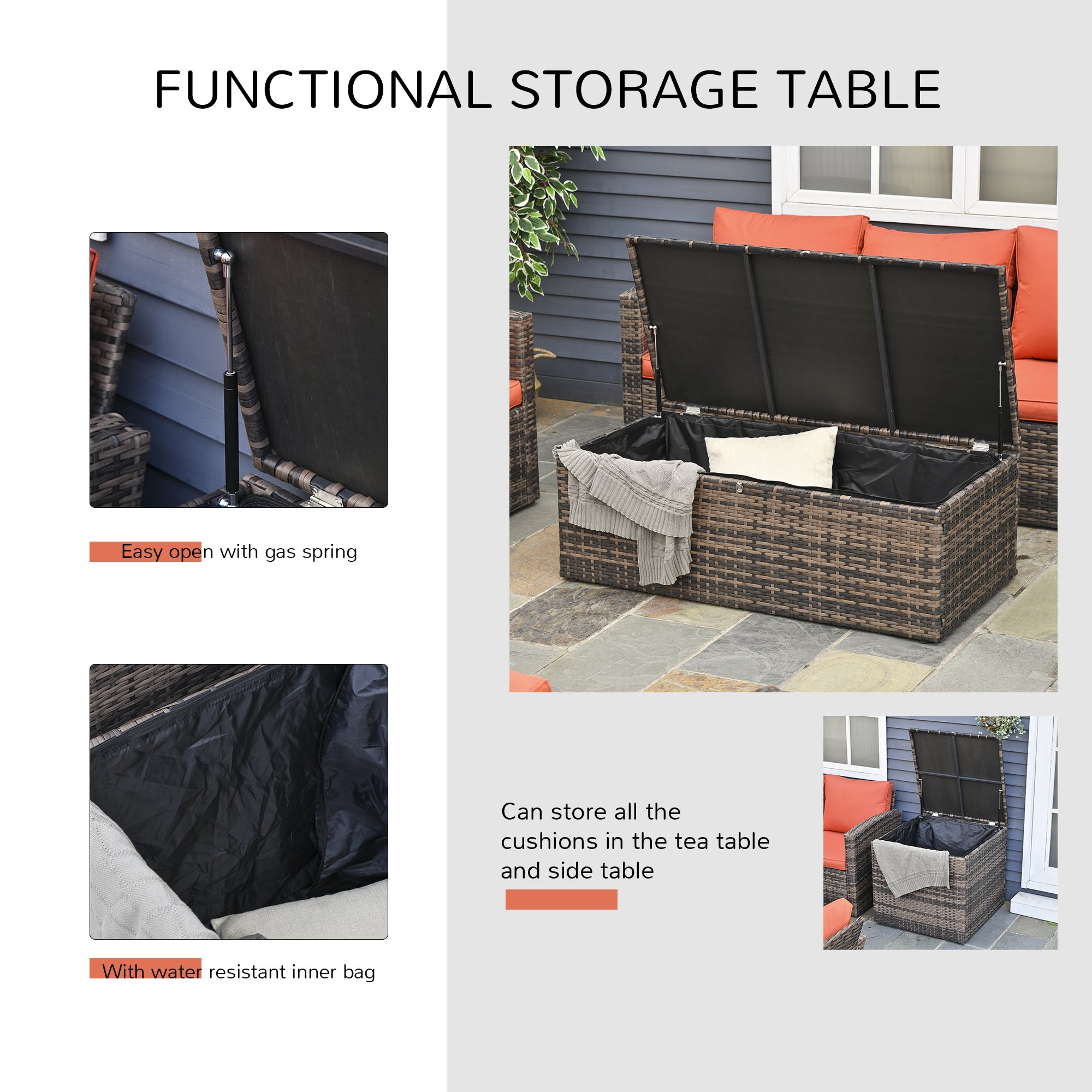 Outsunny 6 Pieces Rattan Garden Furniture Set, 7 Seater Wicker Outdoor Furniture Set with Storage Tea Table & Side Table, Sectional Garden Sofa Set with Cushions, Orange