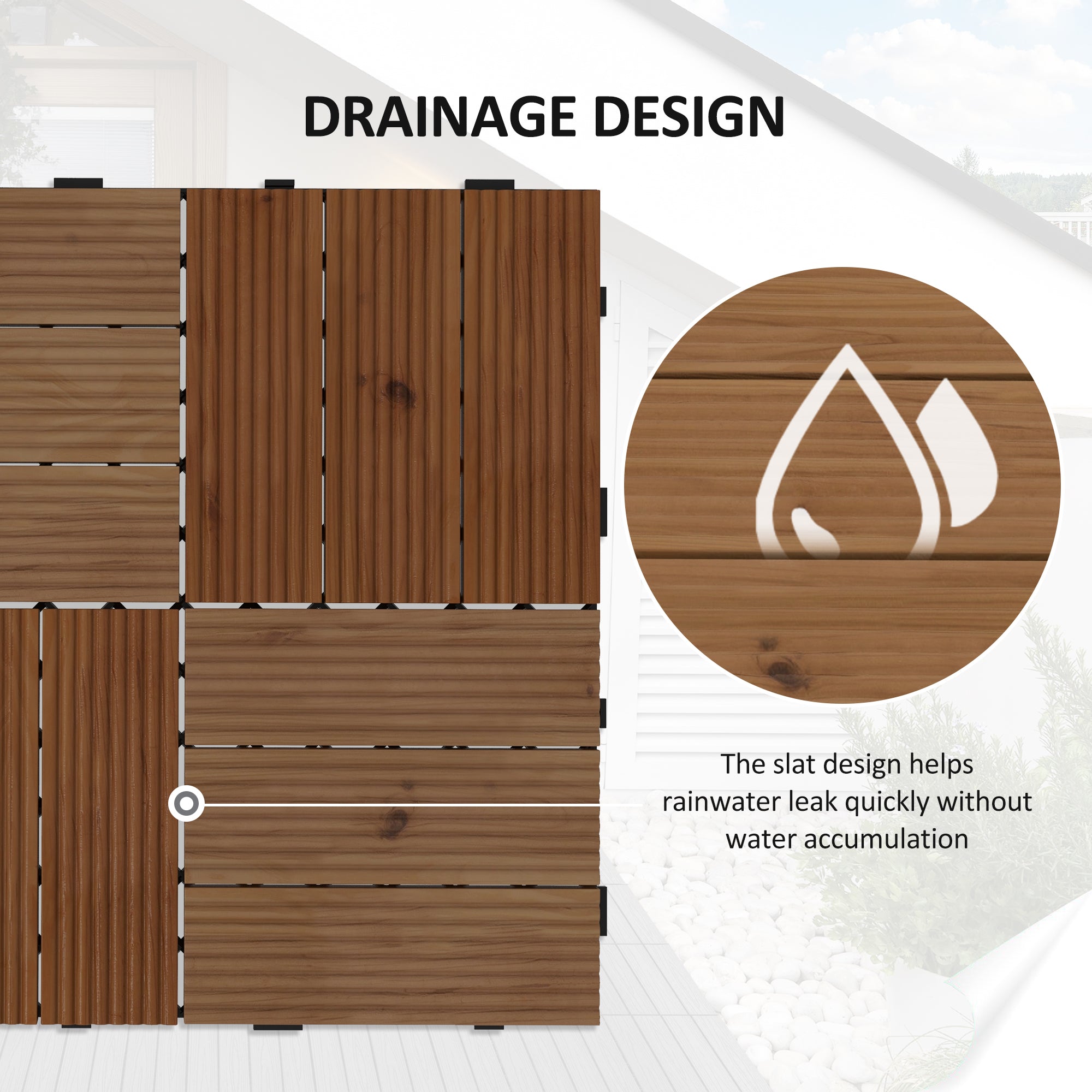 Outsunny 27 Pcs Wooden Interlocking Decking Tiles, 30 x 30 cm Anti-slip Outdoor Flooring Tiles, 0.81\'e3\'8e\'a1 per Pack, All Weather Use for Patio, Balcony, Terrace, Hot Tub, Brown