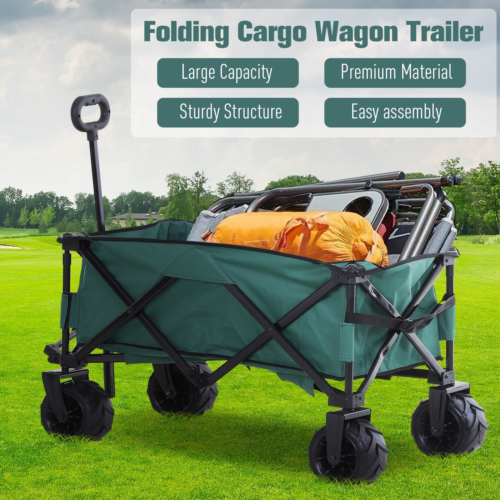 Outsunny 140L Folding Garden Trolley Cart, Festival Trolley on Wheels with Telescopic Handle, Big Wheels for Outdoor Camping Beach, Green