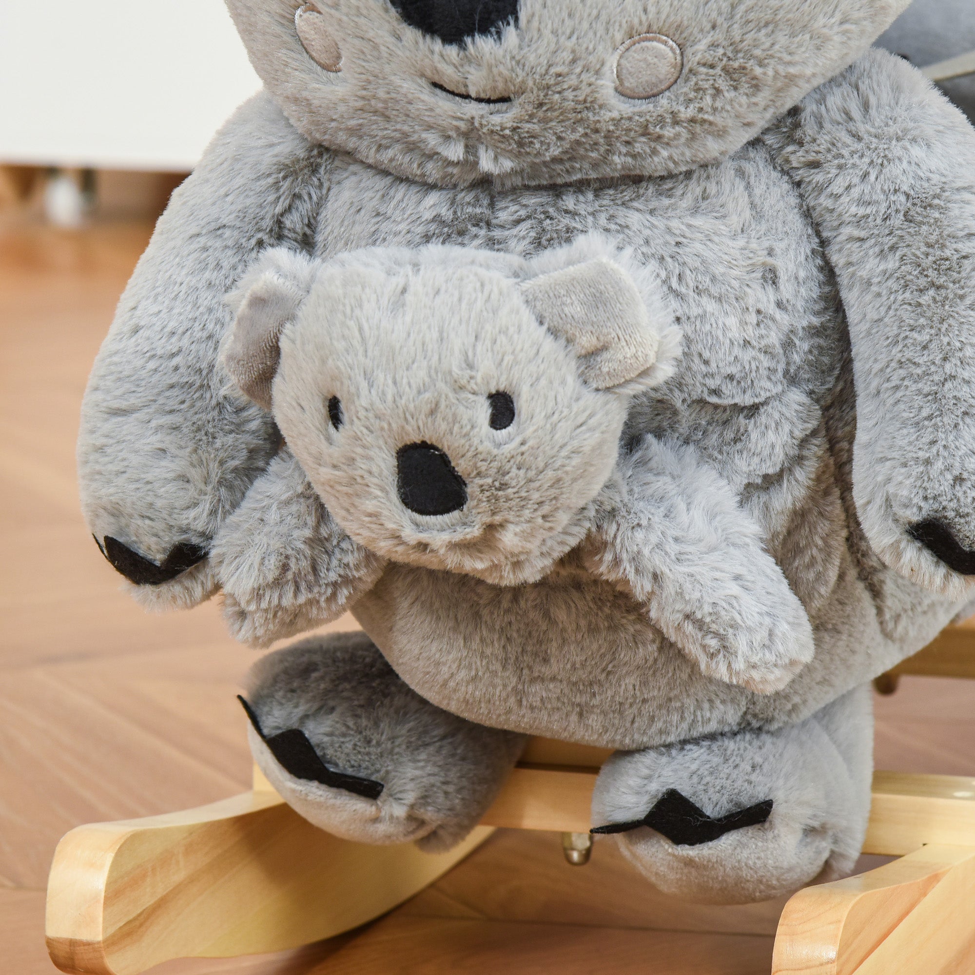 HOMCOM Kids Toddler Rocking Horse Plush Ride On Koala Rocker Wooden Base Seat Safety Belt w/ Gloved Doll Toy for 18-36 Months Grey