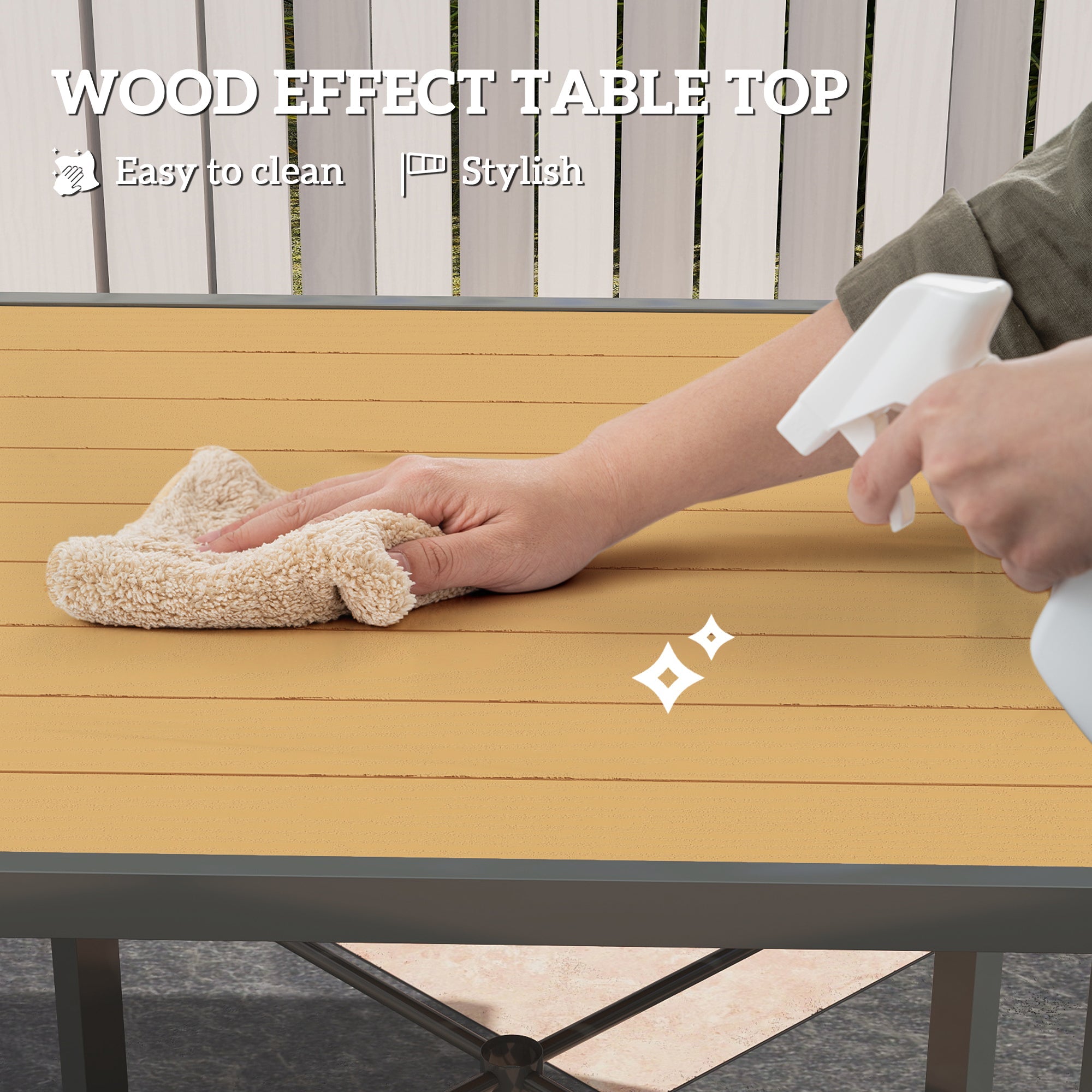 Outsunny Garden Table, 90cm Square Outdoor Patio Dining Table with 4.2 cm Umbrella Hole, Metal Frame, Wood Effect Top, for Terrace, Balcony, Natural Wood Finish