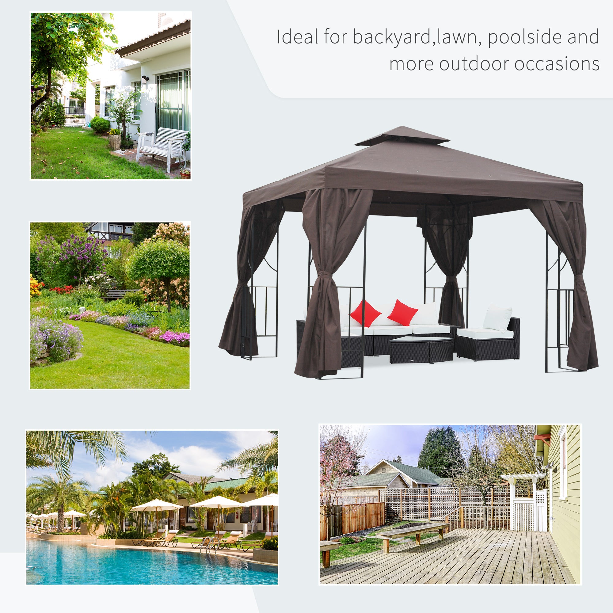 Outsunny 3 x 3 m Garden Gazebo Double Roof Marquee Patio Wedding Party Tent Canopy Shelter with Sidewalls (Brown)