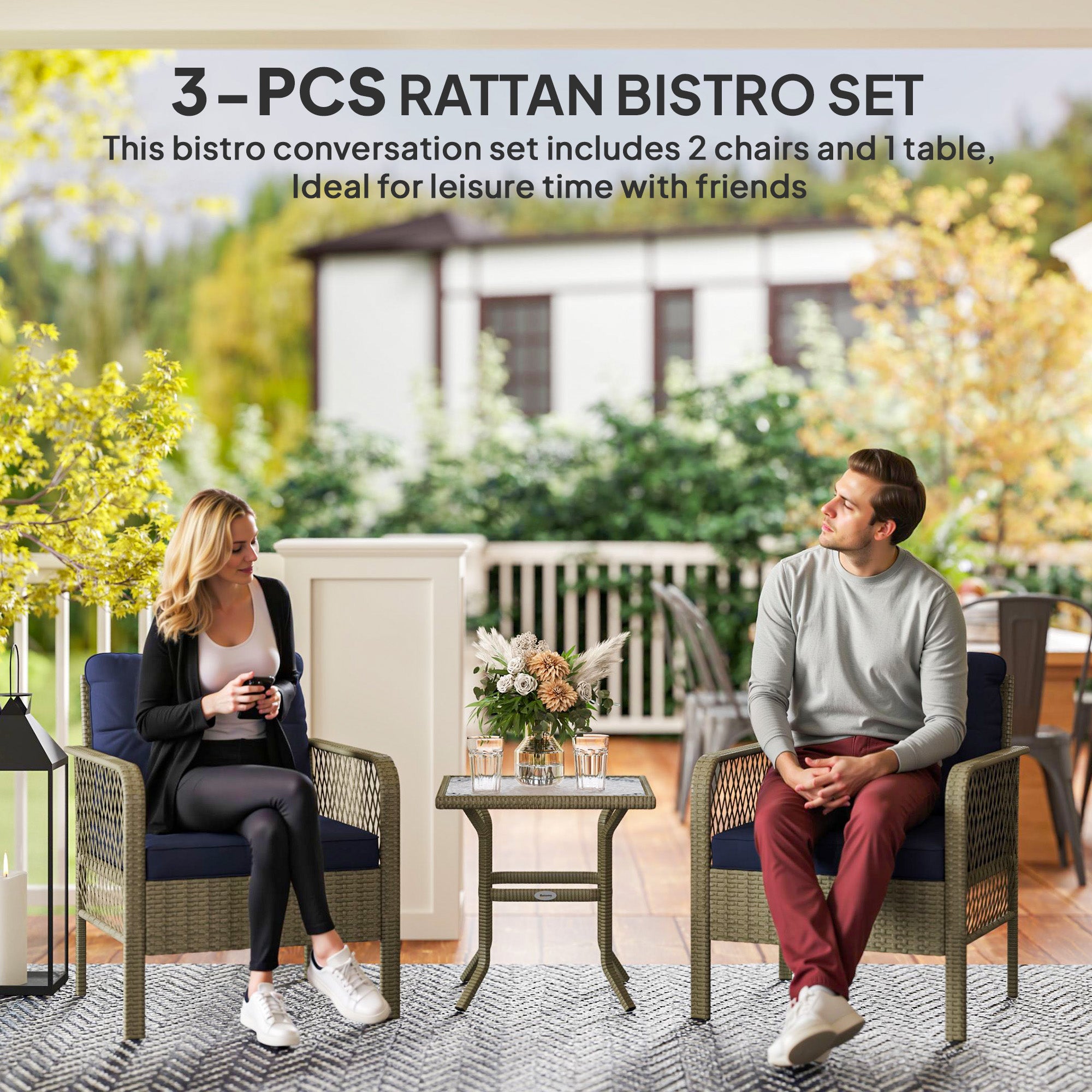 Outsunny 3 Pieces Rattan Bistro Set with Glass Top Coffee Table, Chairs and Cushions for Outdoor, Patio, Balcony, Charcoal Grey