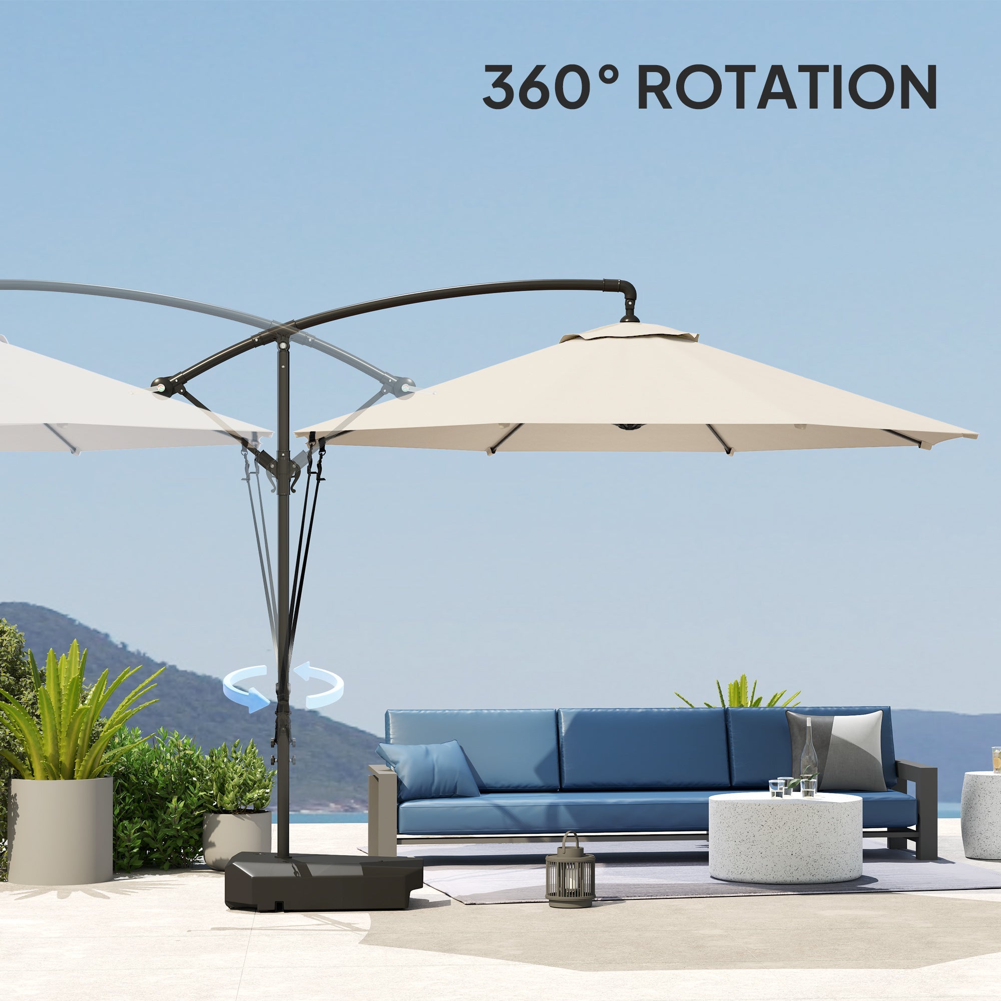 Outsunny 3(m) Garden Cantilever Parasol with Fillable Base, Wind Protection Strap, Cover, Round Banana Hanging Umbrella with Crank Handle and Tilt, Patio Umbrella for Outdoor Sun Shade, UPF50+, Cream
