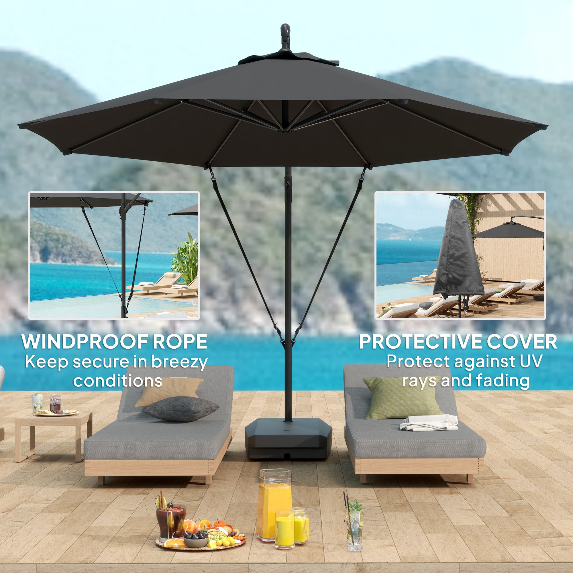 Outsunny 3(m) Garden Cantilever Parasol with Fillable Base, Wind Protection Strap, Cover, Round Banana Hanging Umbrella with Crank Handle and Tilt, Patio Umbrella for Outdoor Sun Shade, UPF50+, Grey