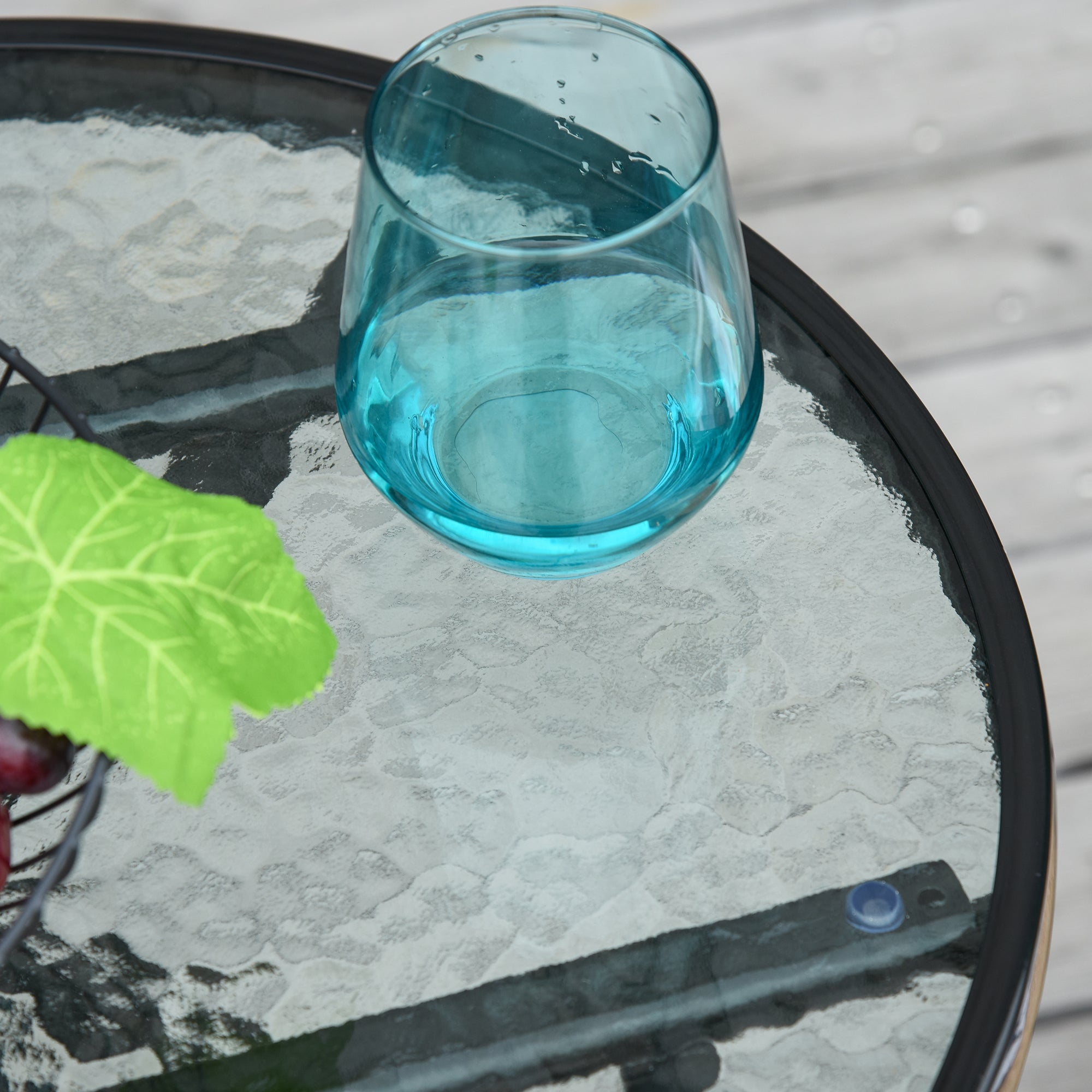 Outsunny Foldable Garden Table, Round Folding Table with Glass Tabletop and Safety Buckle for Patio, Garden, Outdoor, Indoor, Black