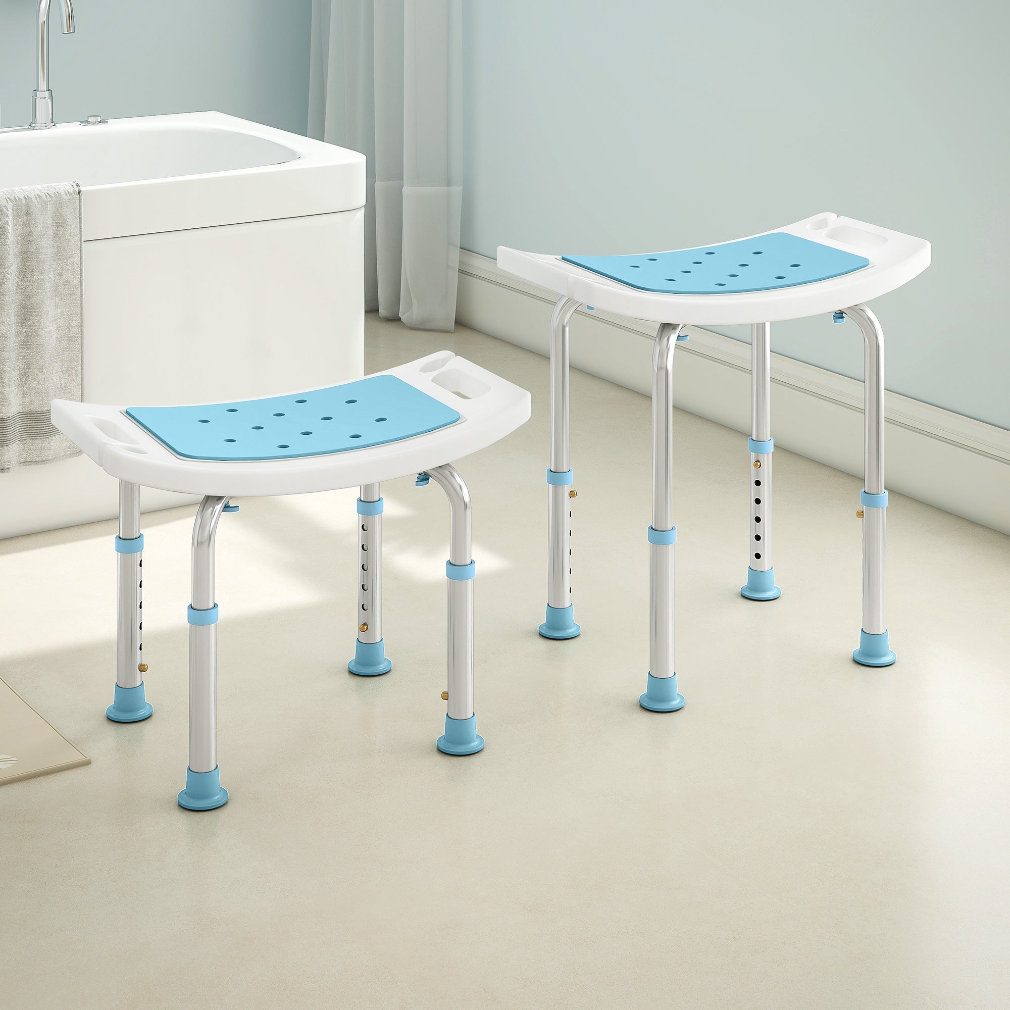 HOMCOM 6-Level Height Adjustable Aluminium Bath Room Stool Chair Shower Non-Slip Design w/ Padded Seat Drainage Holes Foot Pad, Turquoise