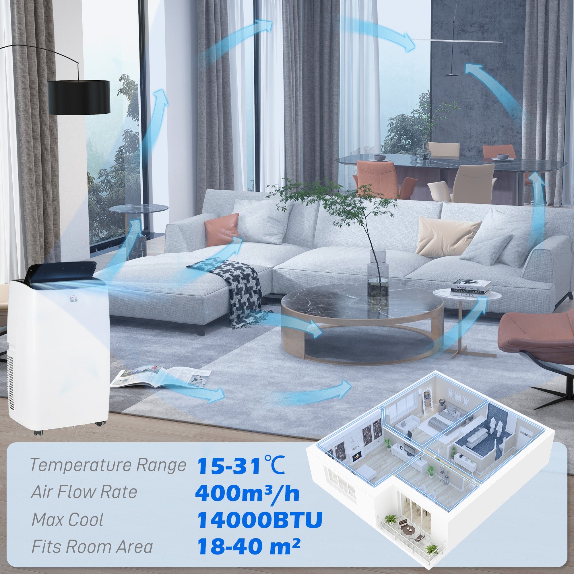 HOMCOM 14000 BTU Air Conditioning Unit, 3-in-1 Portable Air Conditioner, Dehumidifier, Cooling Fan with 3 Speeds, Remote Control, LED Display, 24H Timer, Window Venting Kit, Children Lock, 40m\'c2\'b2
