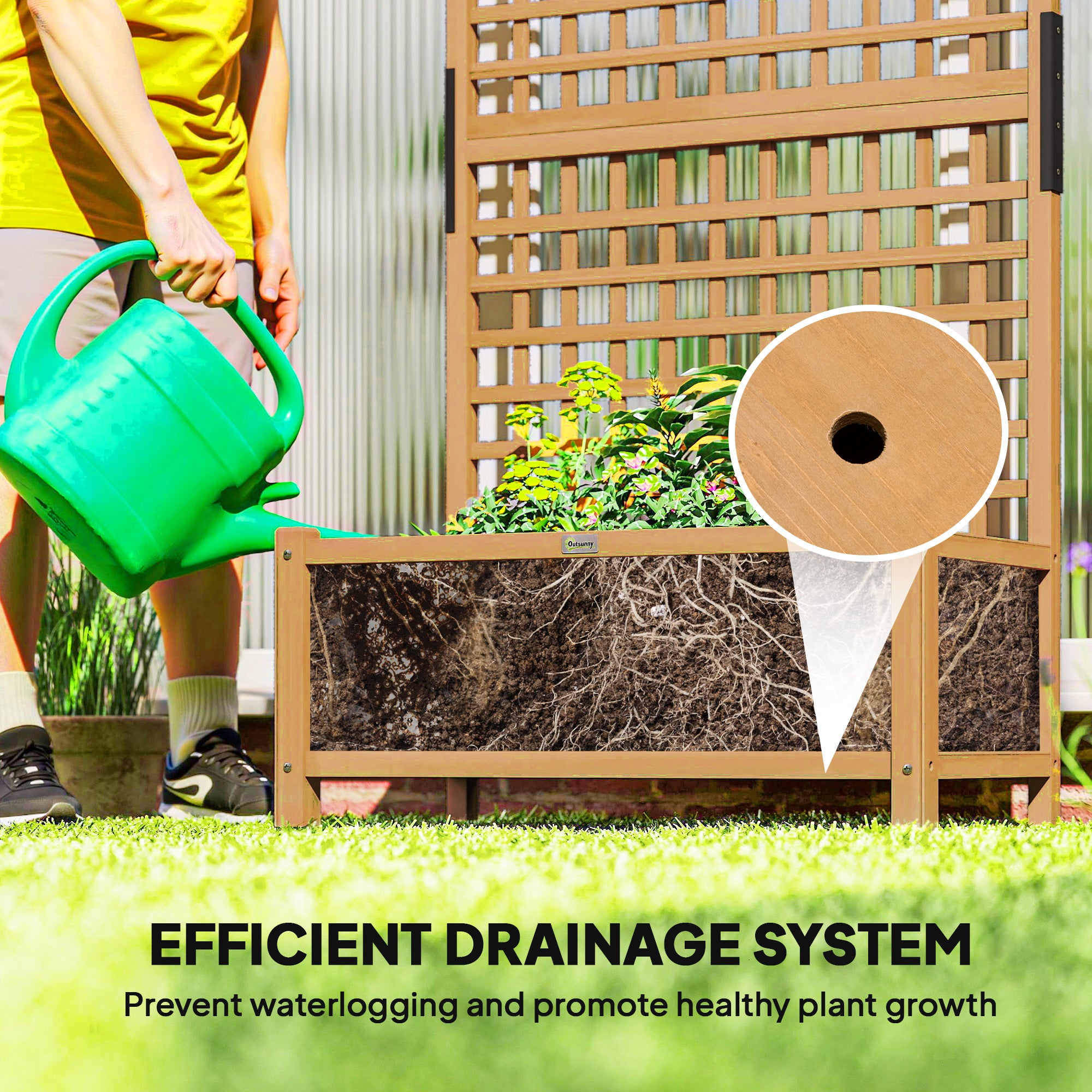 Outsunny Raised Bed with Drainage Holes, Wood Planter with Trellis for Climbing Plants to Grow Vegetables, Flowers, Yellow