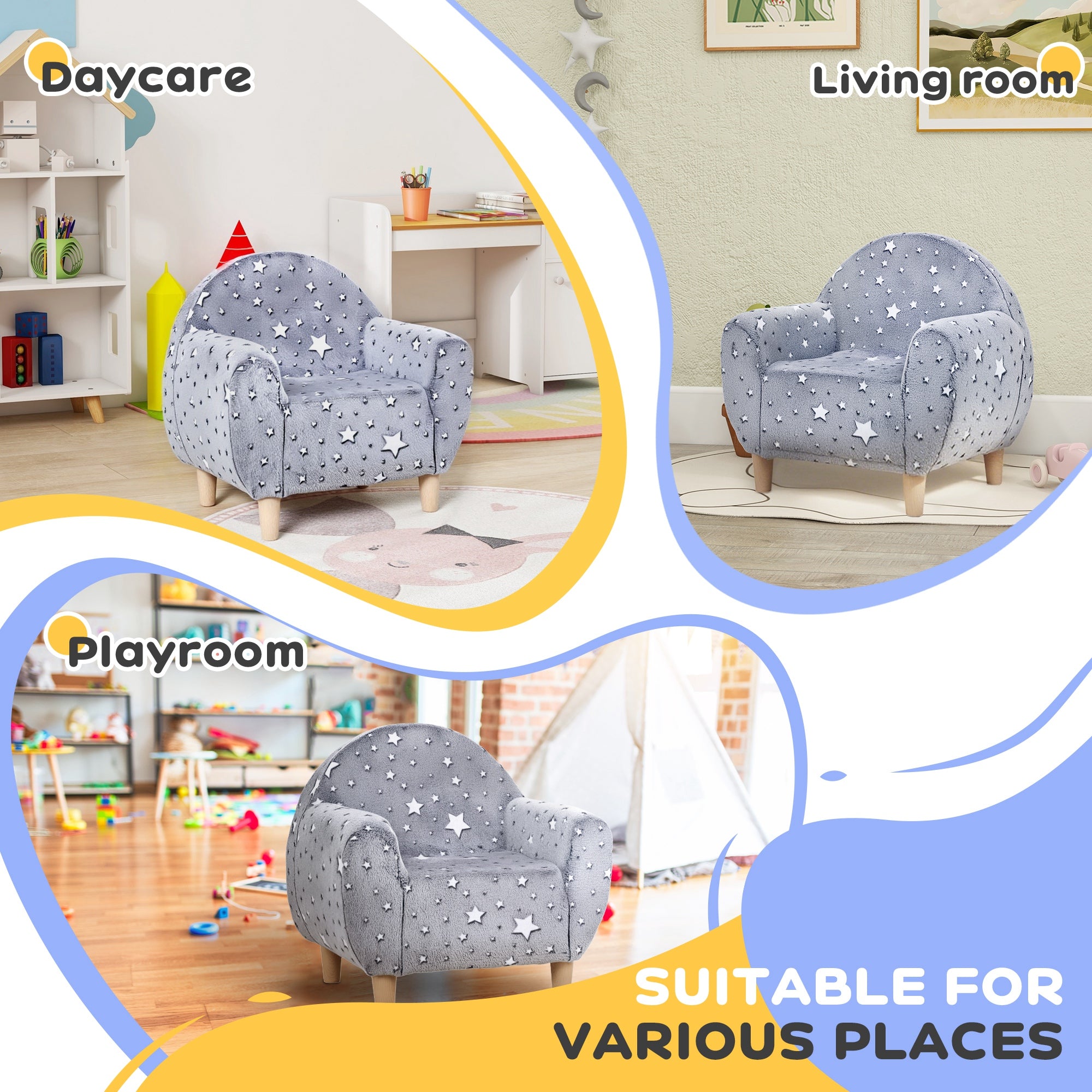 AIYAPLAY Kids Armchair, Glow in the Dark Chair with Star Design for Bedroom, Playroom, Kids Room, Grey