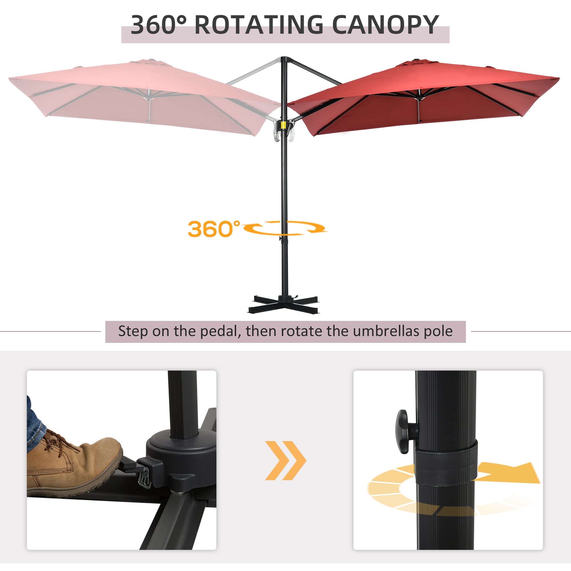 Outsunny 2.5 x 2.5m Patio Offset Parasol Umbrella Cantilever Hanging Aluminium Sun Shade Canopy Shelter 360\'c2\'b0 Rotation with Crank Handle and Cross Base, Wine Red