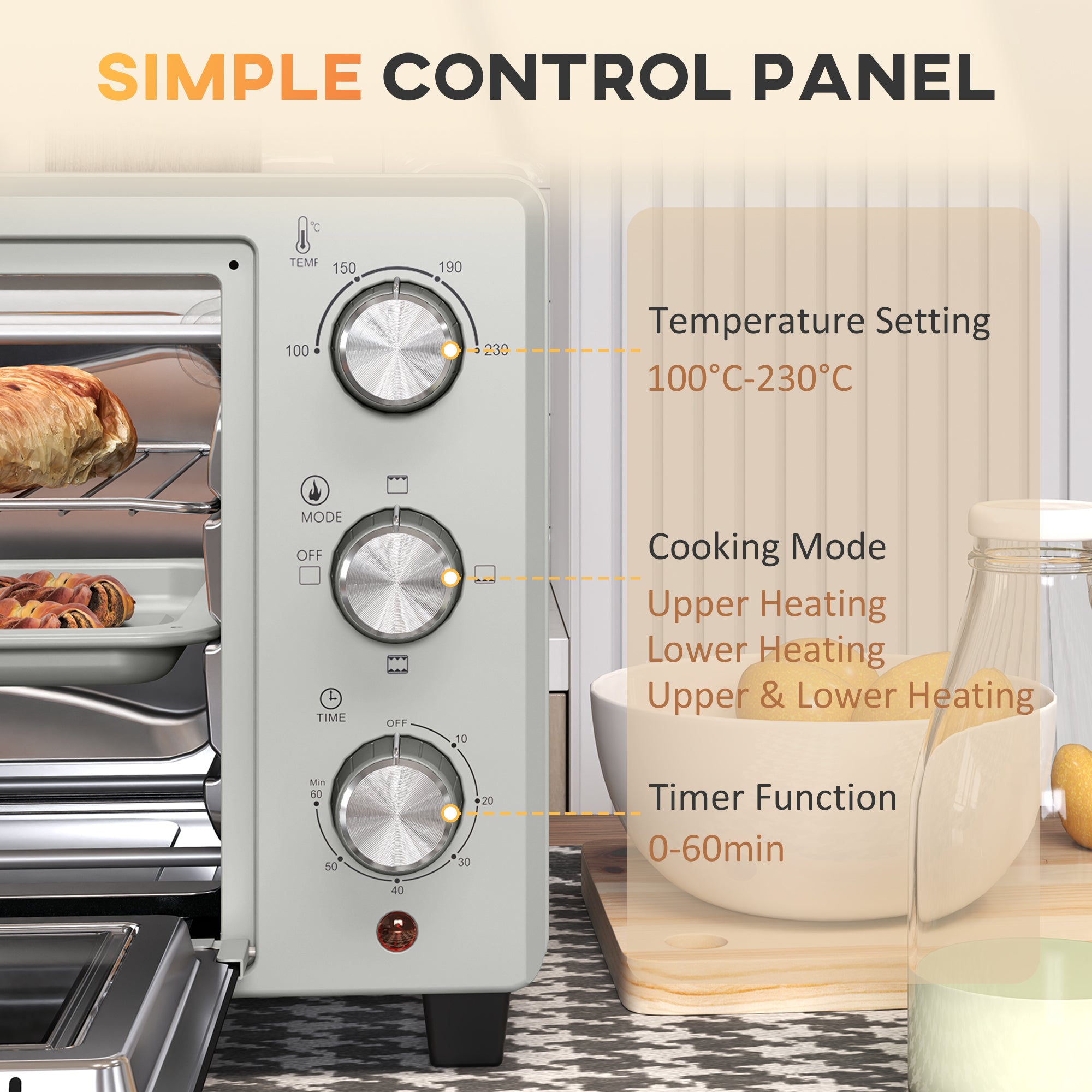 HOMCOM 21L Mini Countertop Oven, 100\'c2\'b0C-230\'c2\'b0C Adjustable Temp - Silver Tone