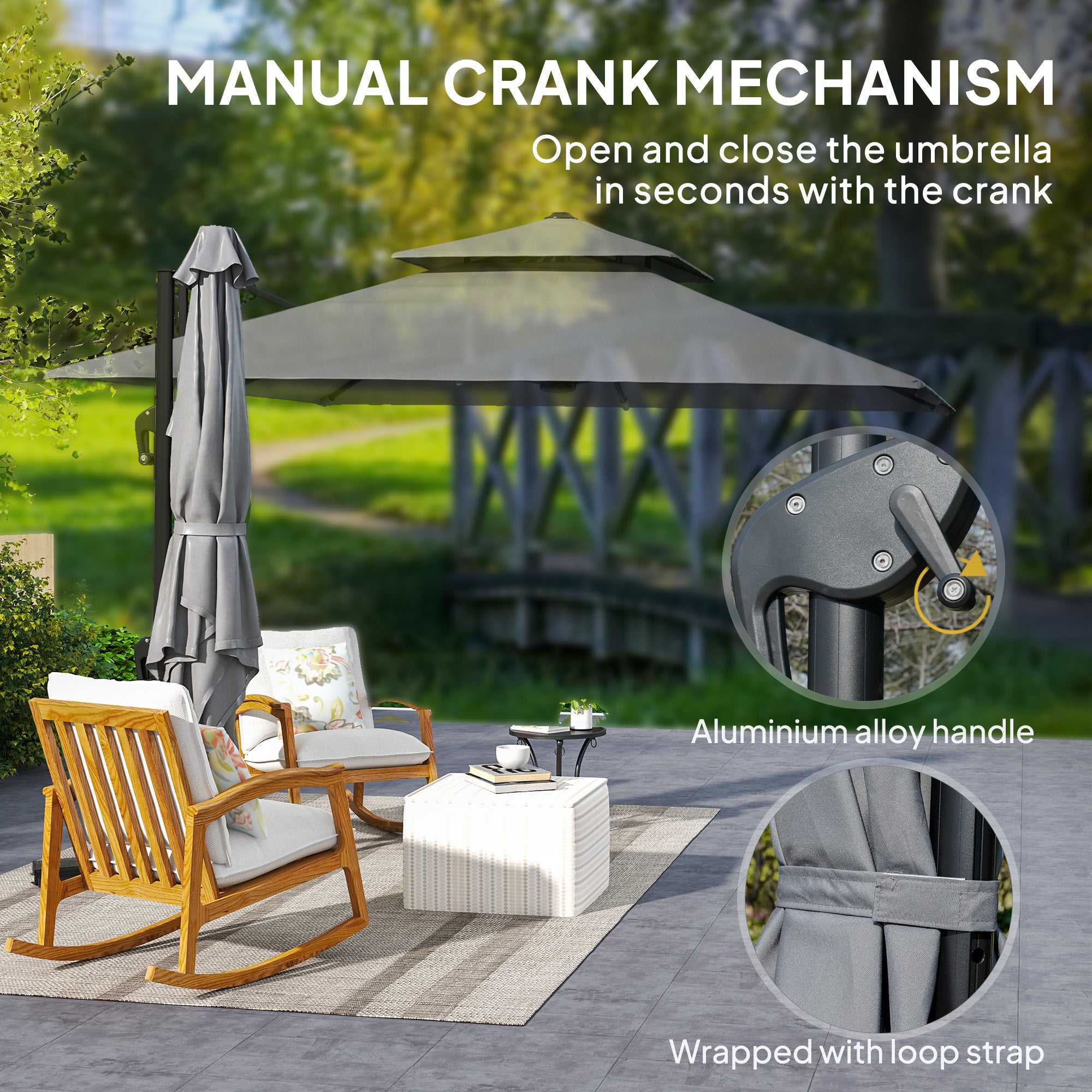 Outsunny 3 x 3(m) Cantilever Parasol with Aluminium Frame, Crank and Tilt, 360\'c2\'b0 Rotation, Double Top Garden Umbrella with Base and Cover, Light Grey