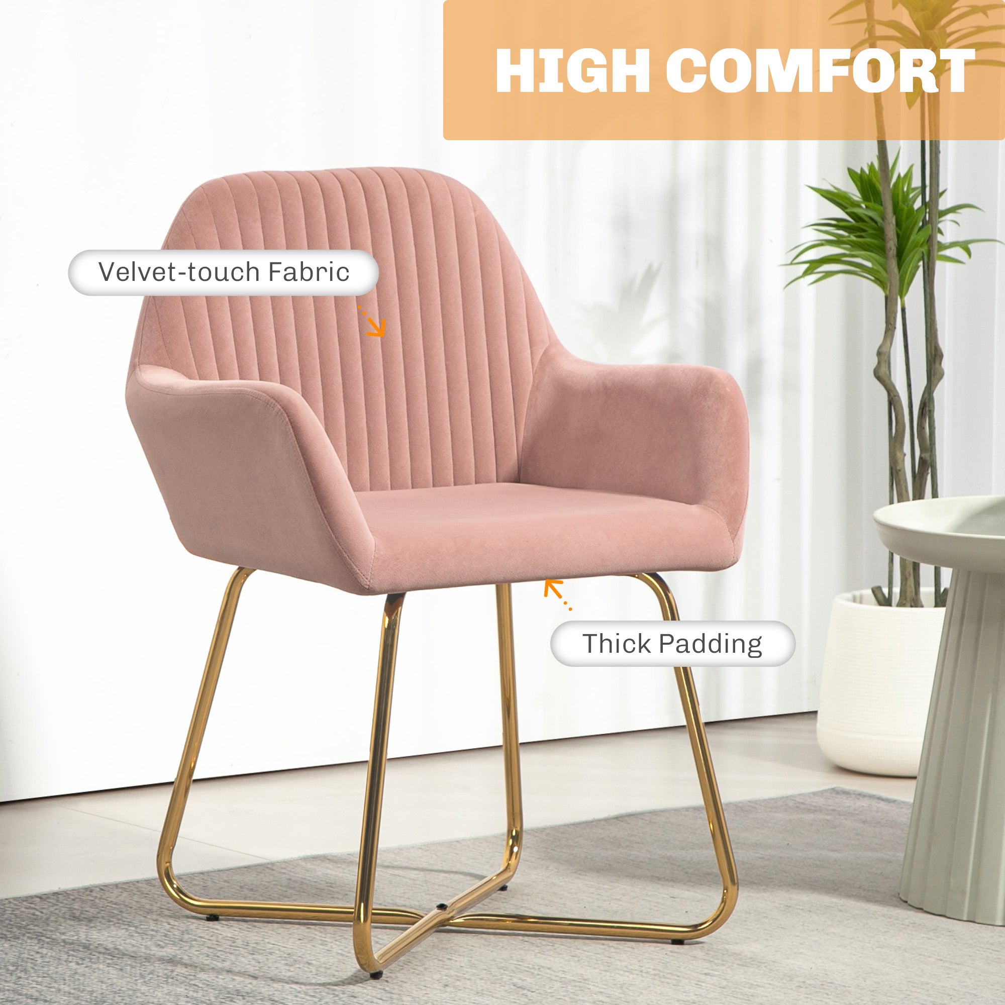 HOMCOM Modern Arm Chair Set of 2 Upholstered Accent Chair with Metal Base for Living Room Pink