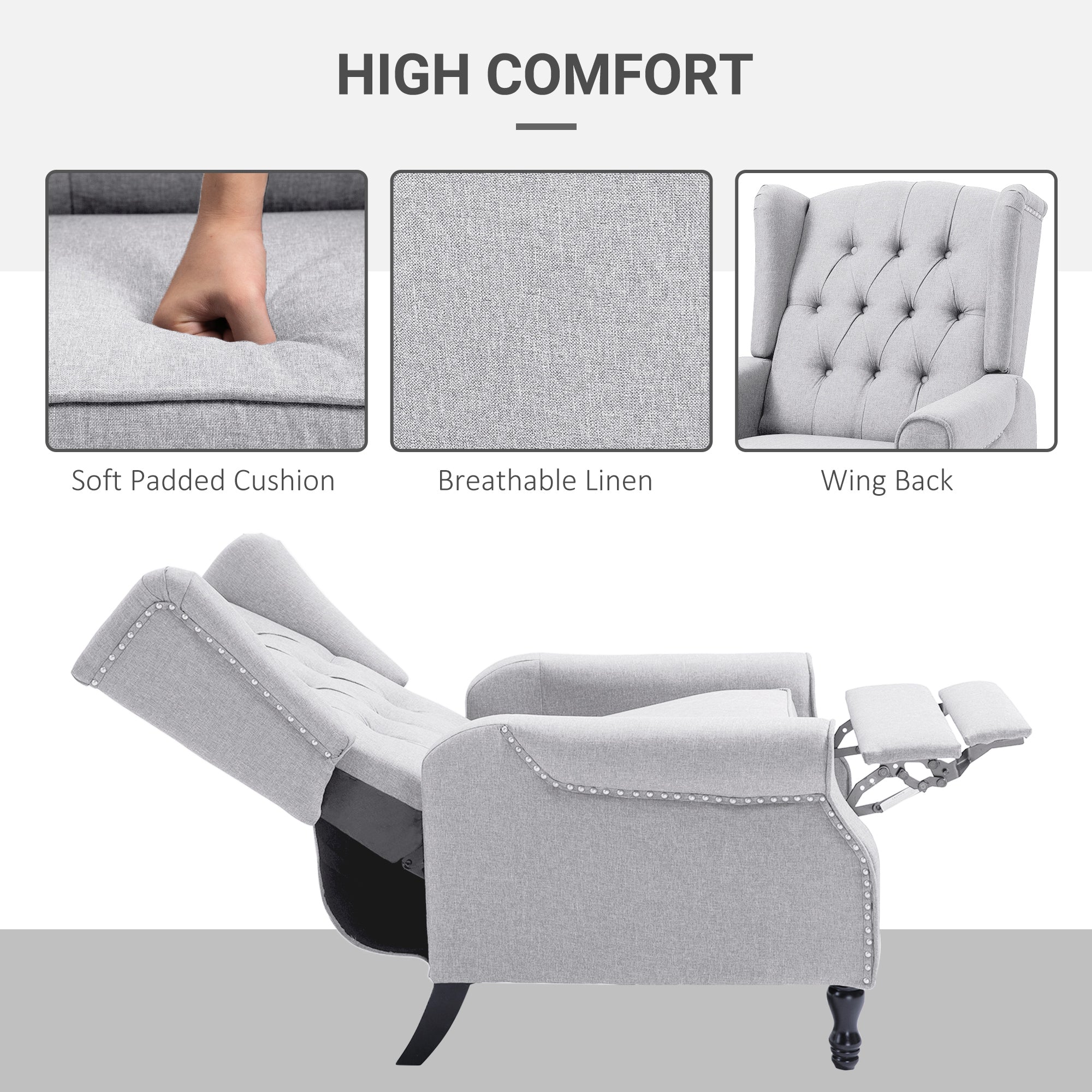 HOMCOM Recliner Armchair, Vintage Reclining Chair with Nail Head Trim, Wingback Chair with Button Tufted Back and Footrest, for Living Room, Light Grey