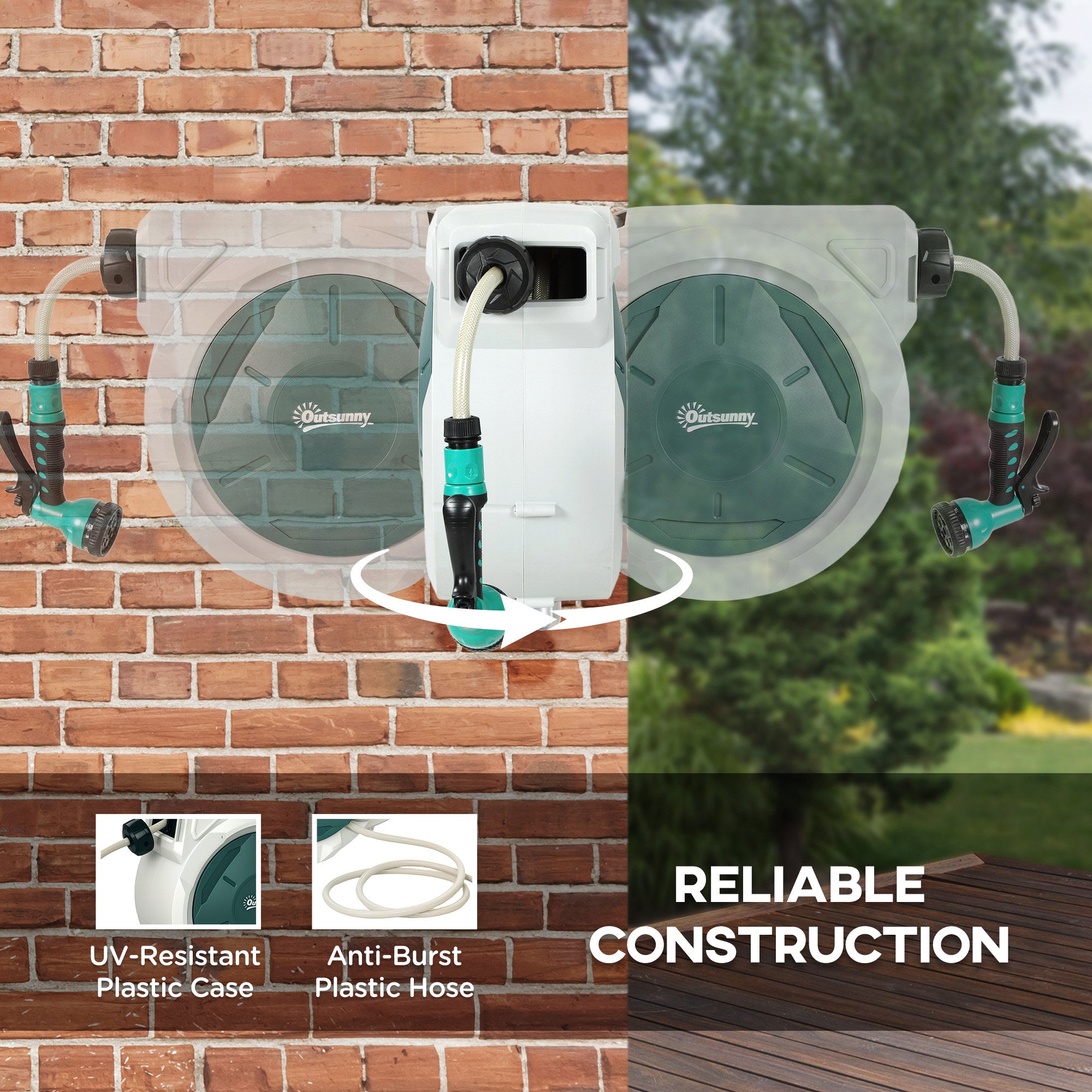 Outsunny Retractable Hose Reel Wall Mounted, 20+2m Garden Hose Pipe Reel with Lock, Auto Rewind, 7 in 1 Spray Nozzle, Includes Wall Fixings, 180\'c2\'b0 Swivel, Outdoor Watering, Light Grey