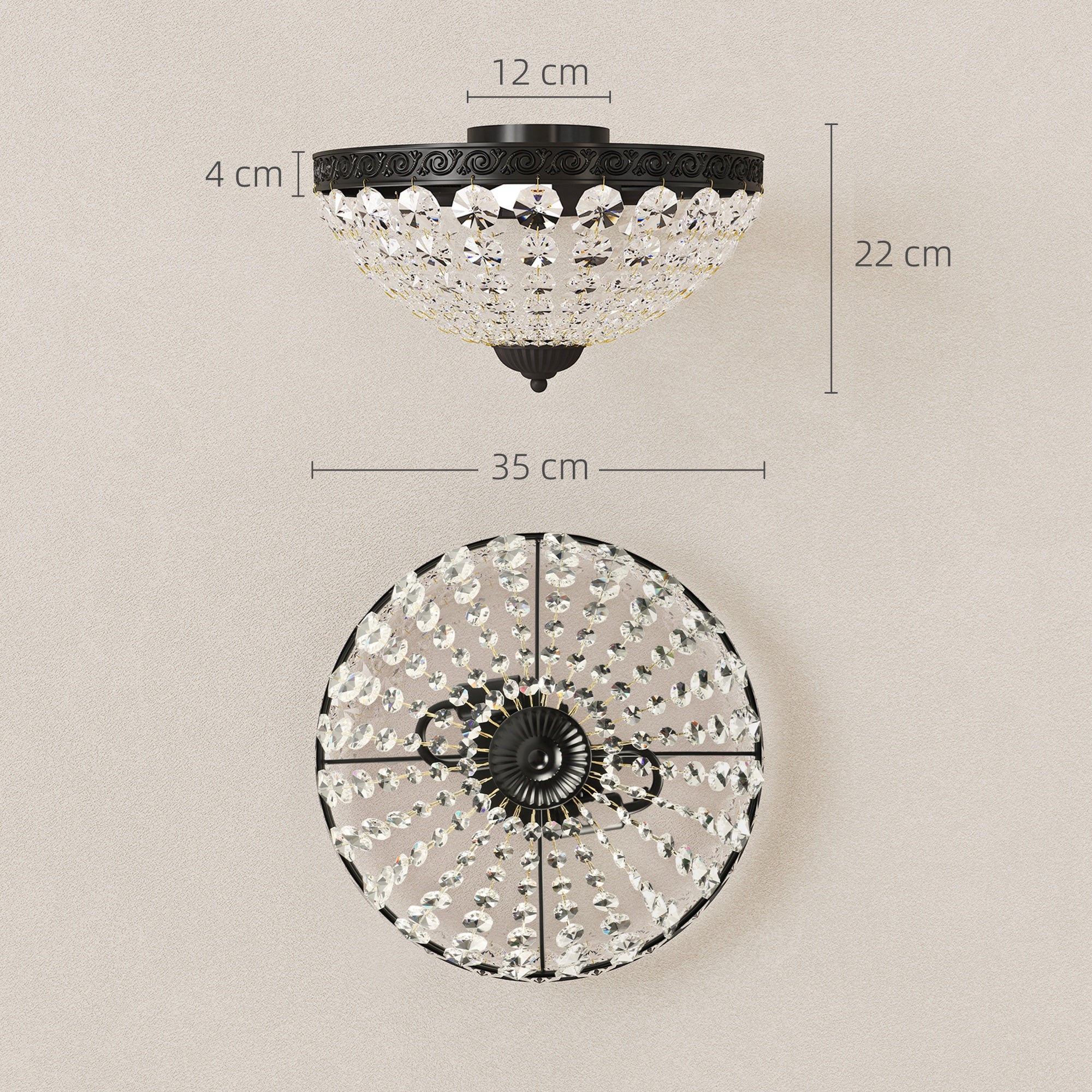 HOMCOM Crystal Chandelier Ceiling Light with 168 Octagonal Beads, Vintage 2-Light Flush Mount Ceiling Light for Living Room, Bedroom, Hallway, Dining Room, Black
